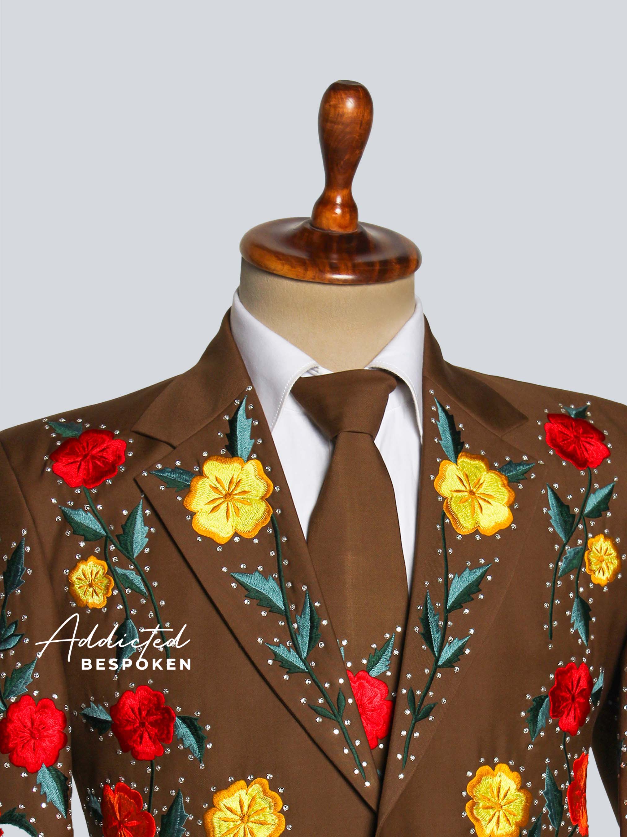 Floral Embroidered Brown Suit