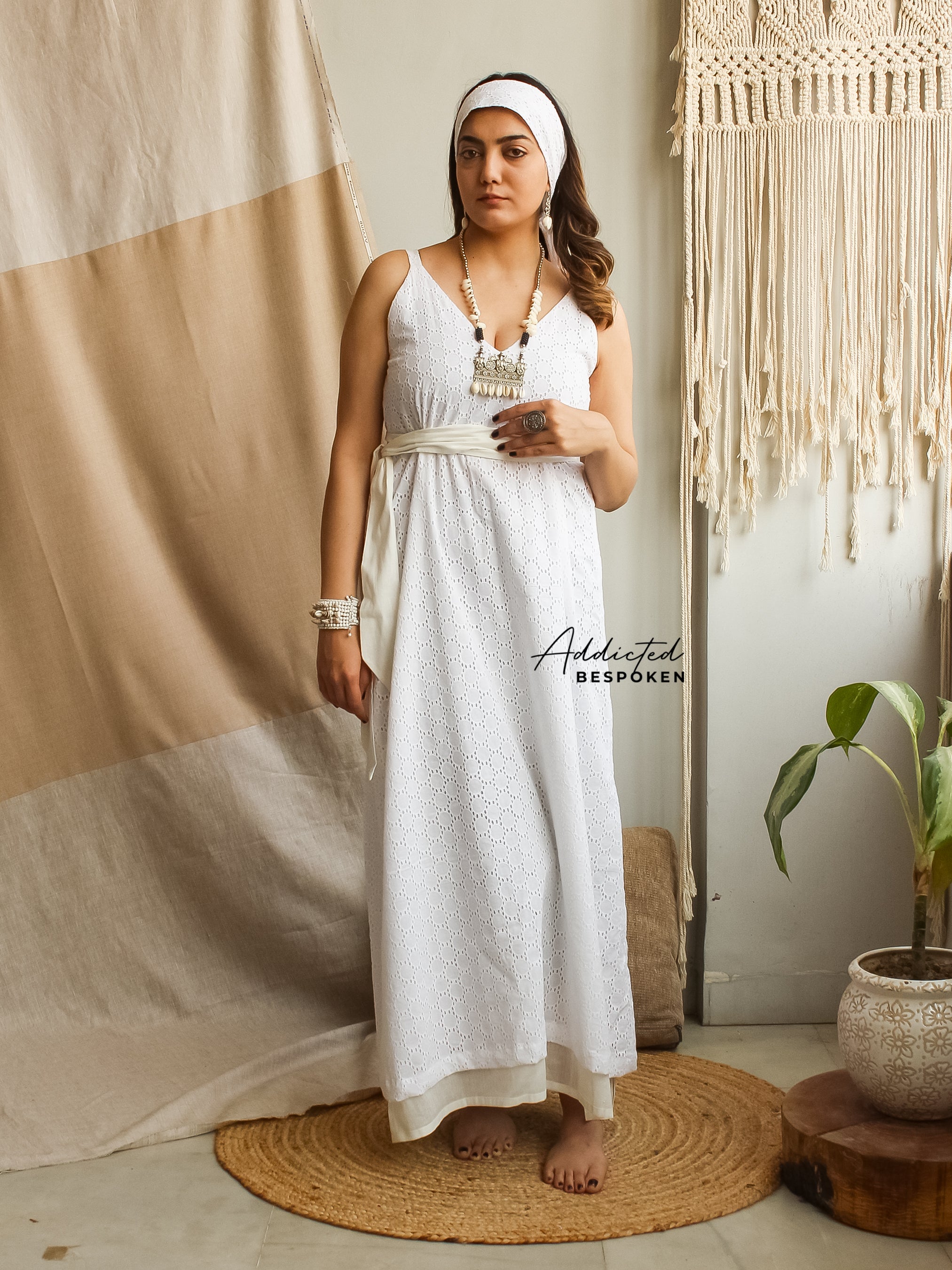 Standing full-length shot of White Eyelet V-Gown – boho clothing outfit