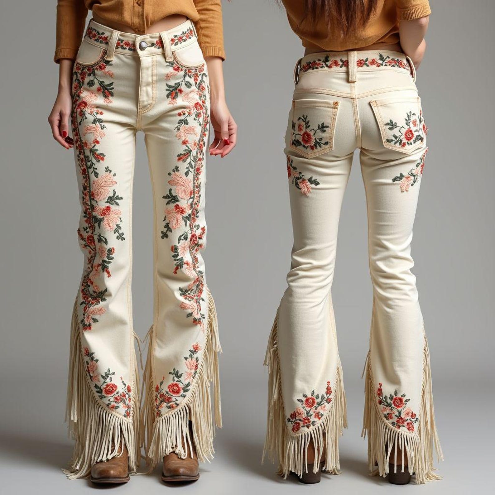 Floral Embroidered Fringed Western Dress Pants