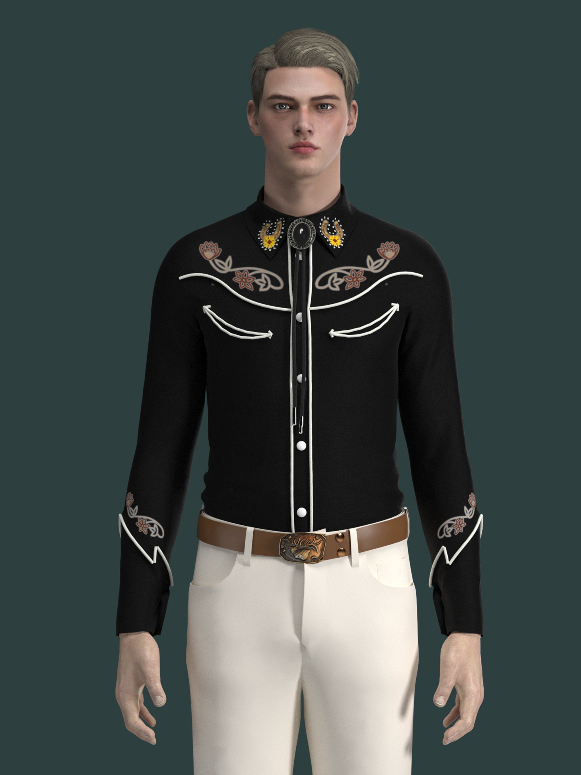 Front view of male model wearing black western shirt with white piping and subtle embroidery – Addicted Bespoken