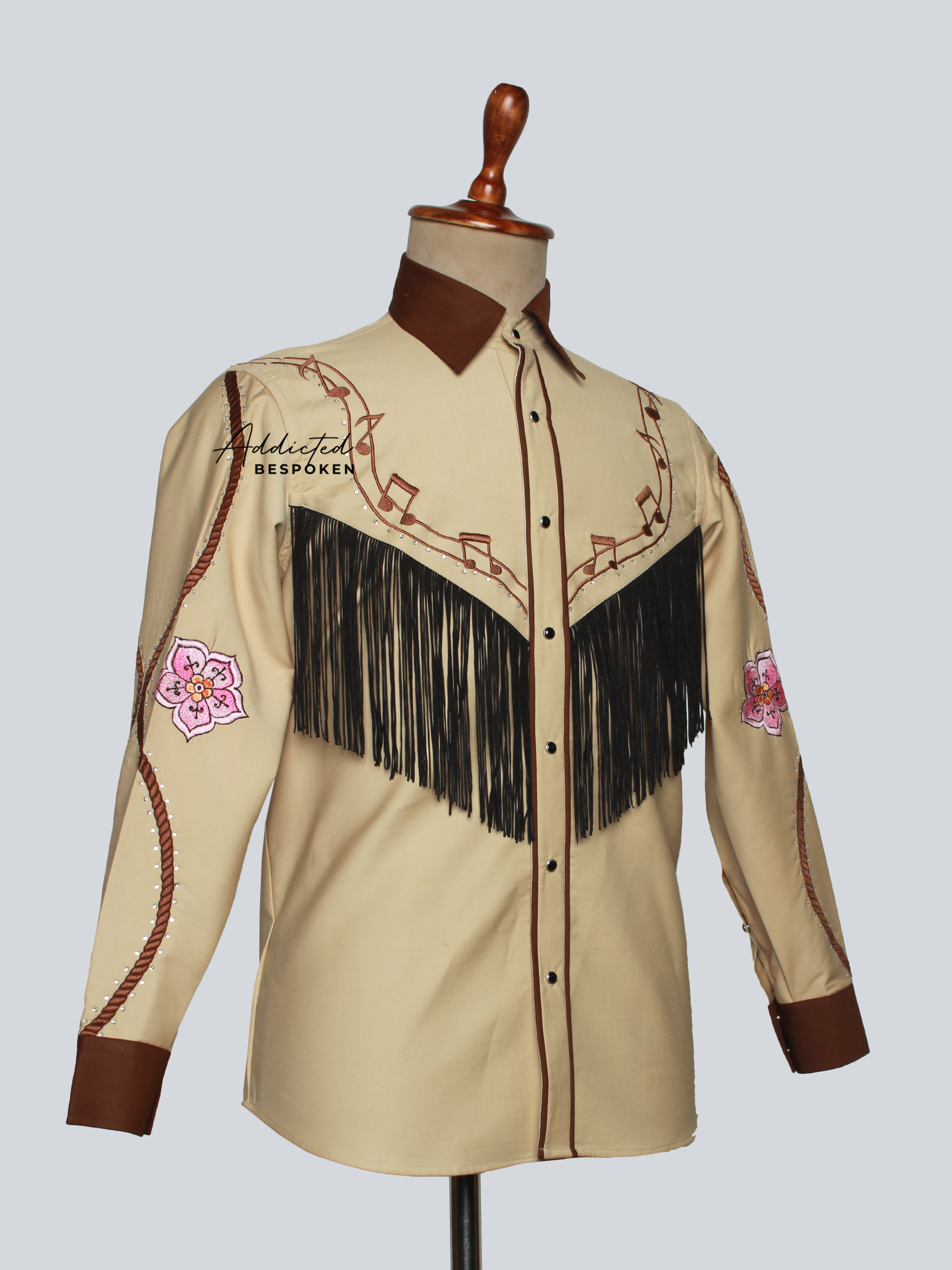 Side angled view of tan western shirt with black fringe and embroidery – Addicted Bespoken
