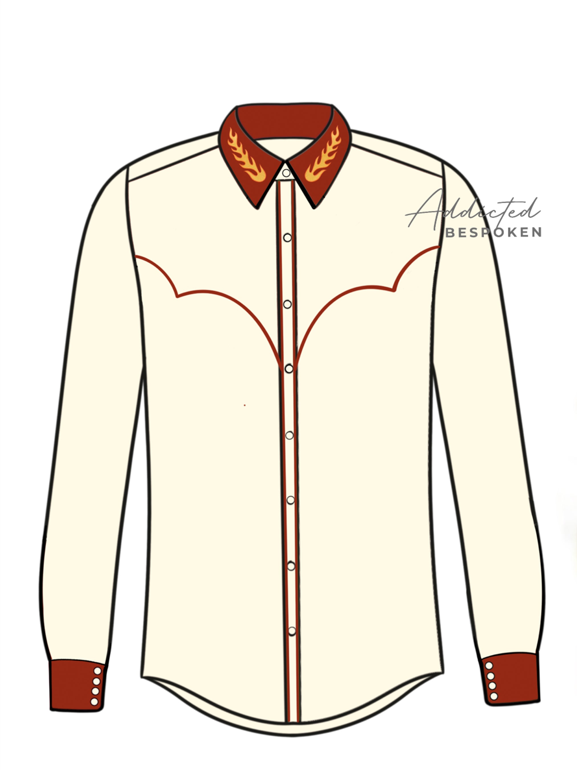 Front view illustration of cream western shirt with brown collar and piping – Addicted Bespoken