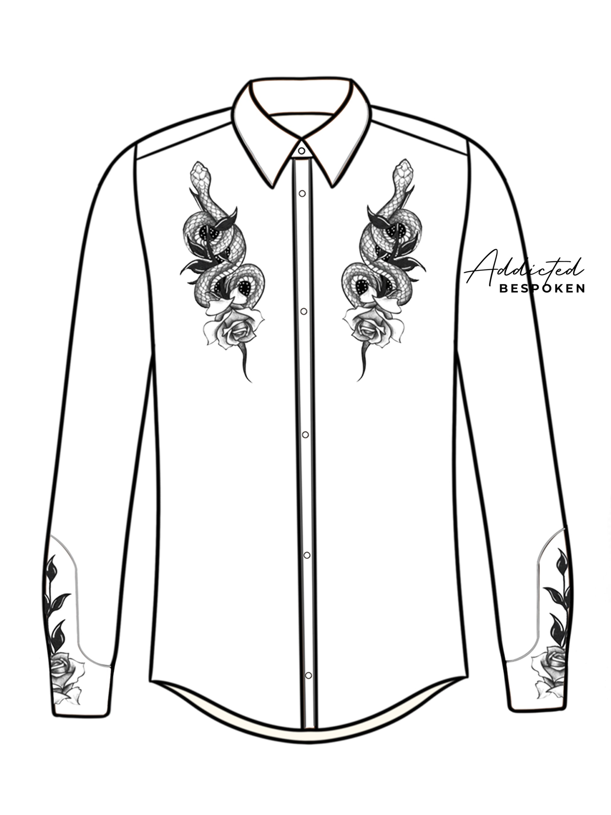 Front view illustration of white western shirt with black floral embroidery on chest – Addicted Bespoken