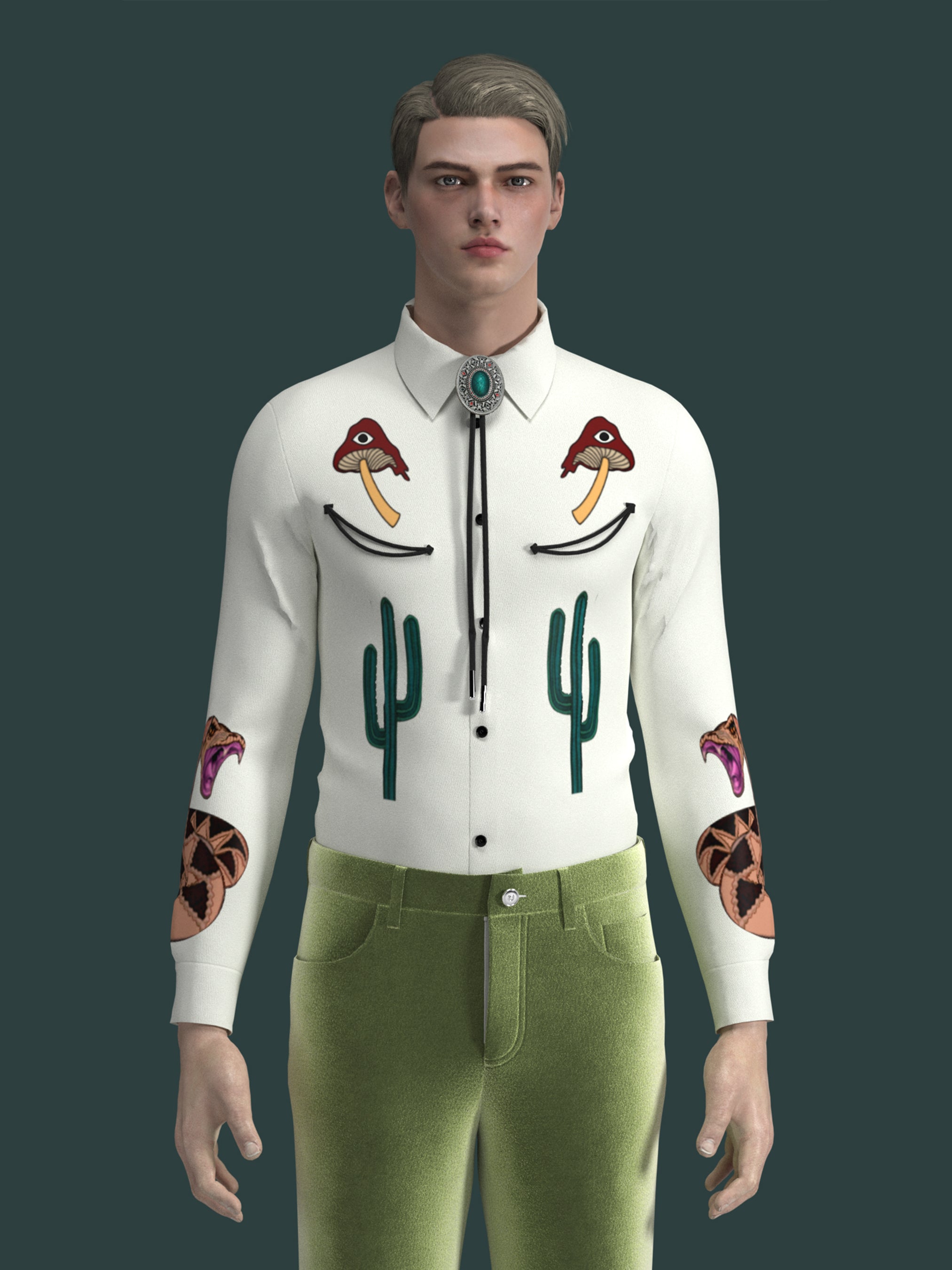 Front view of male model wearing white western shirt with cactus and mushroom embroidery, paired with green trousers – Addicted Bespoken