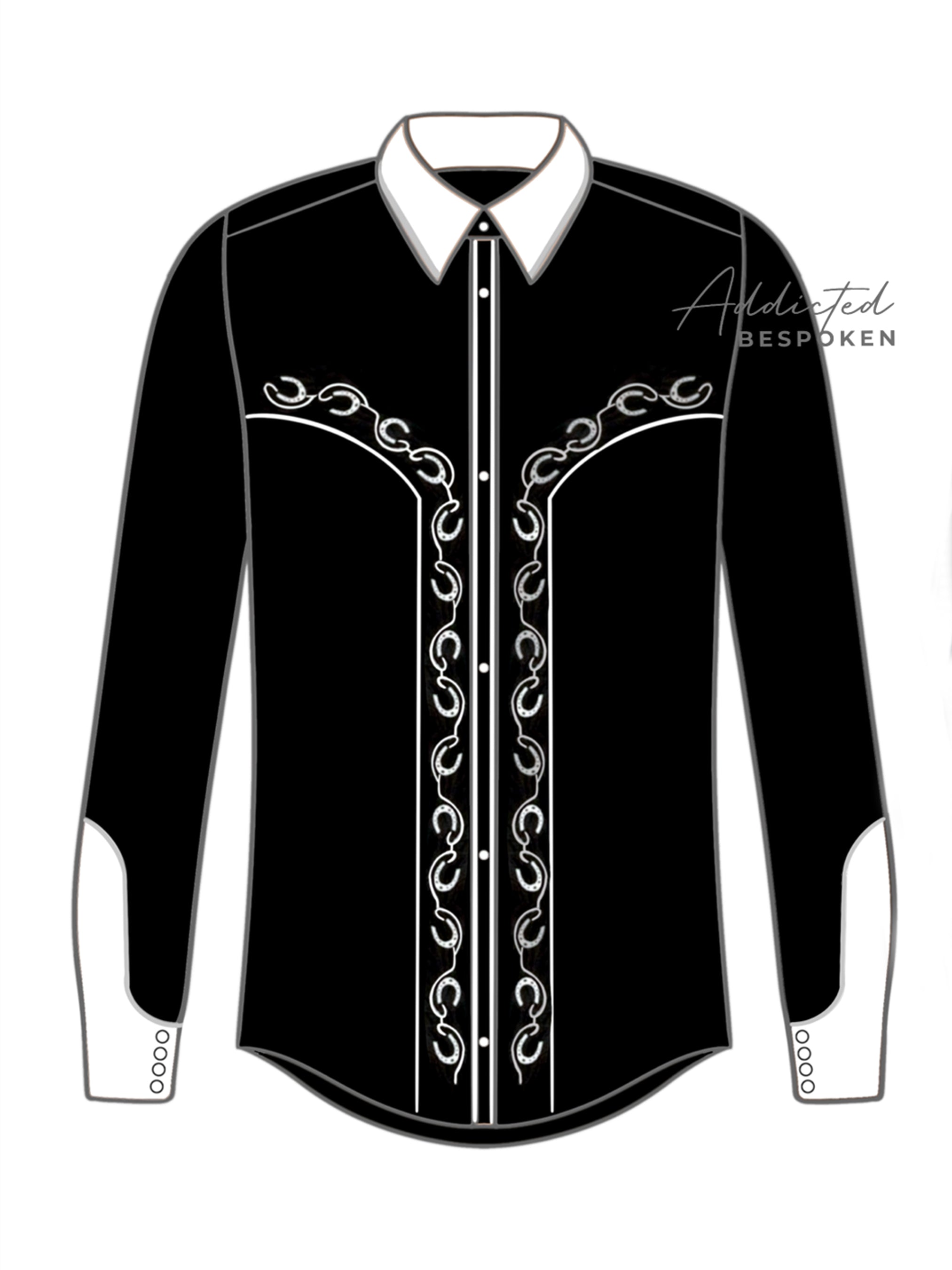 Front view illustration of black western shirt with detailed white embroidery โ Addicted Bespoken