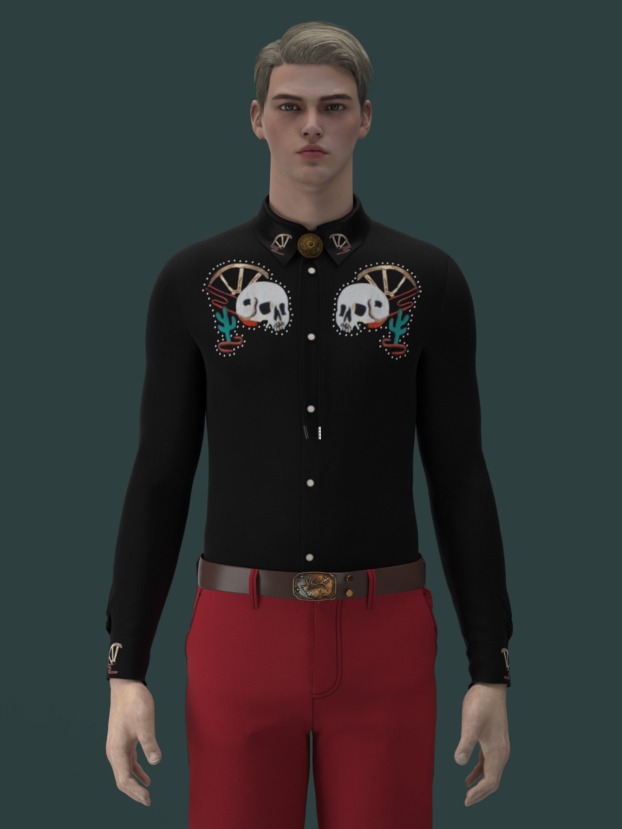 A man wearing a black long-sleeve shirt with embroidered skeleton and pumpkin designs, and a button-up front, paired with red trousers.