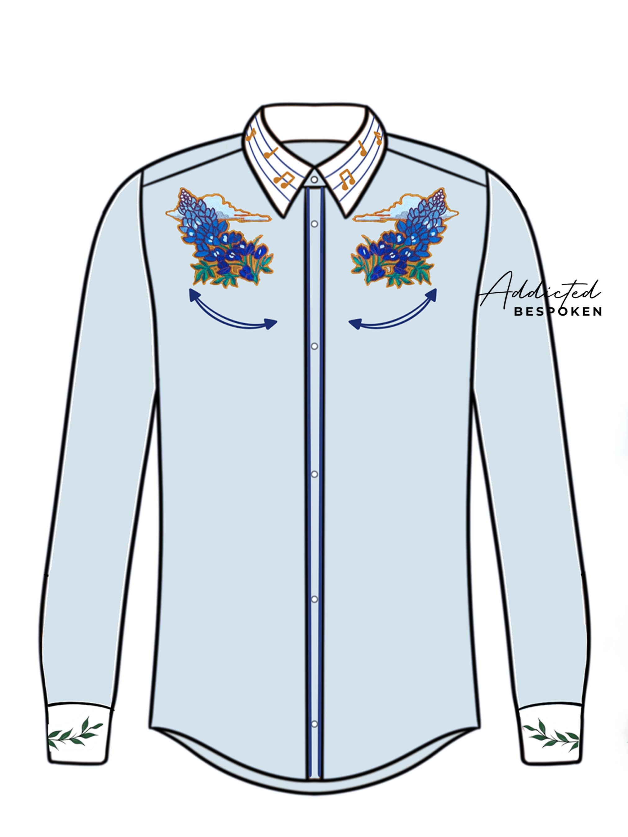 Front view illustration of light blue western shirt with embroidered floral details – Addicted Bespoken