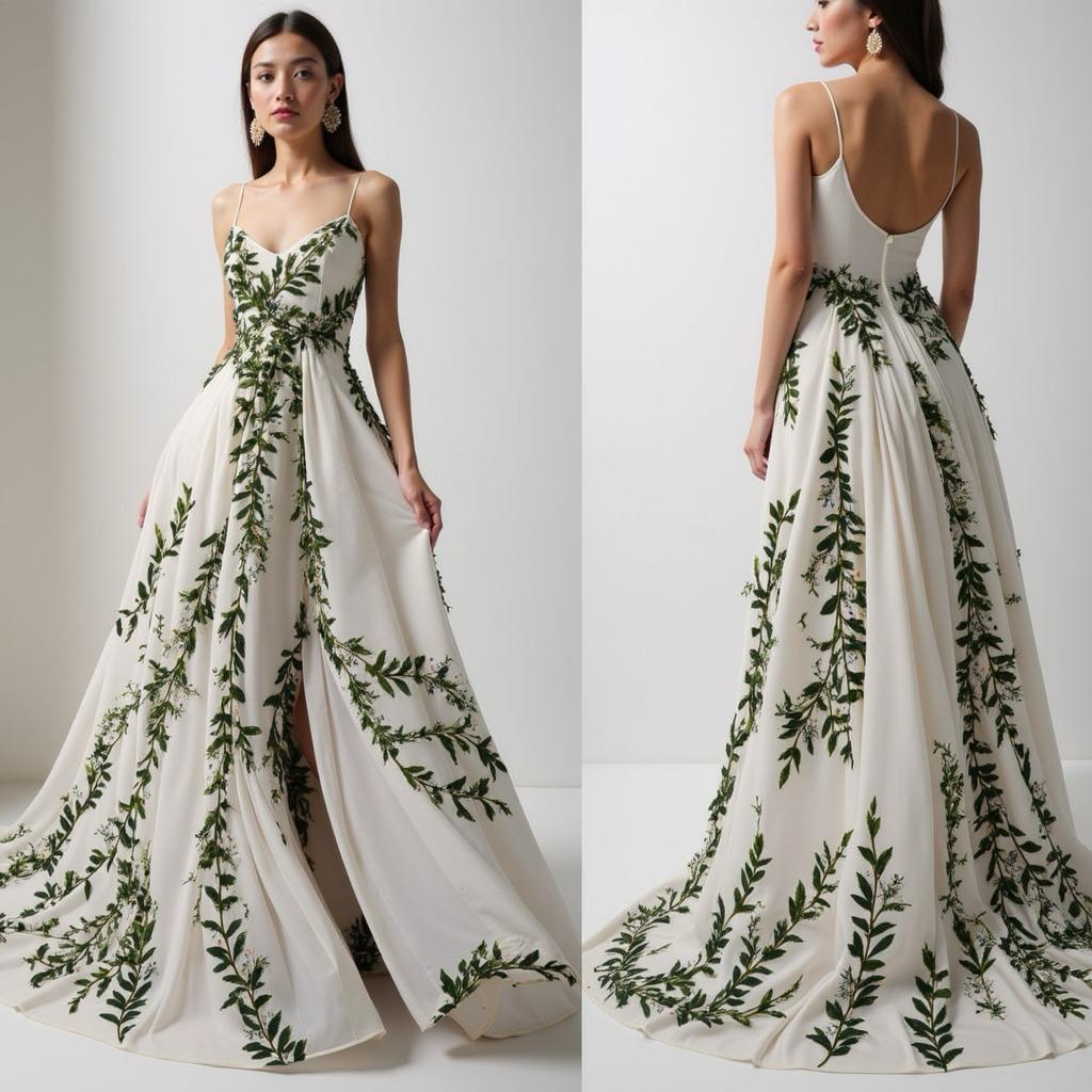 Botanical Embroidery and Side Slit Flowing Elegance Gown