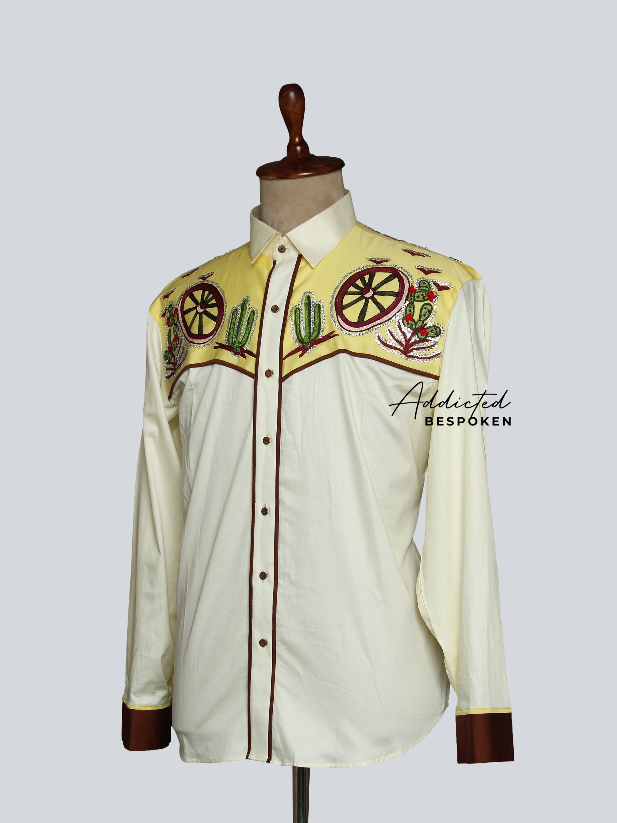 Rear angled view of cream western shirt with embroidered details on yoke – Addicted Bespoken