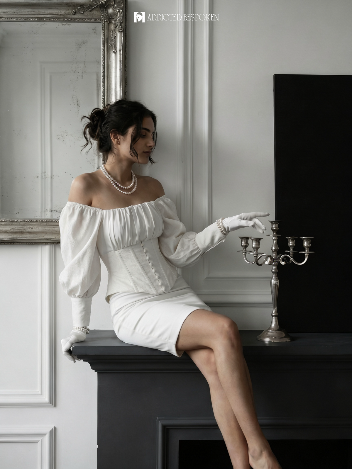 white corset dress with puff sleeves The Duchess Canvas or Frame Option:Light Wood Frame Collection:Wedding Guest Edit Bustier Corset A Line Lace Featuring puff sleeves and