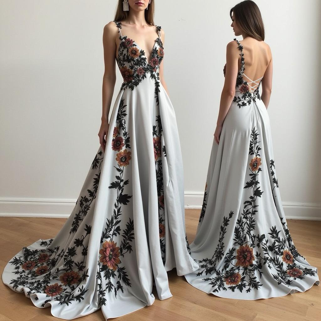 Floral Embroidered Backless Gown with Flowing Silhouette