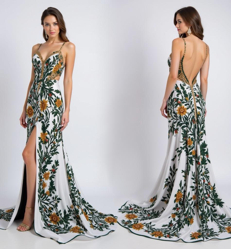 Plunging Back and High Slit Embroidered Botanical Elegance Gown