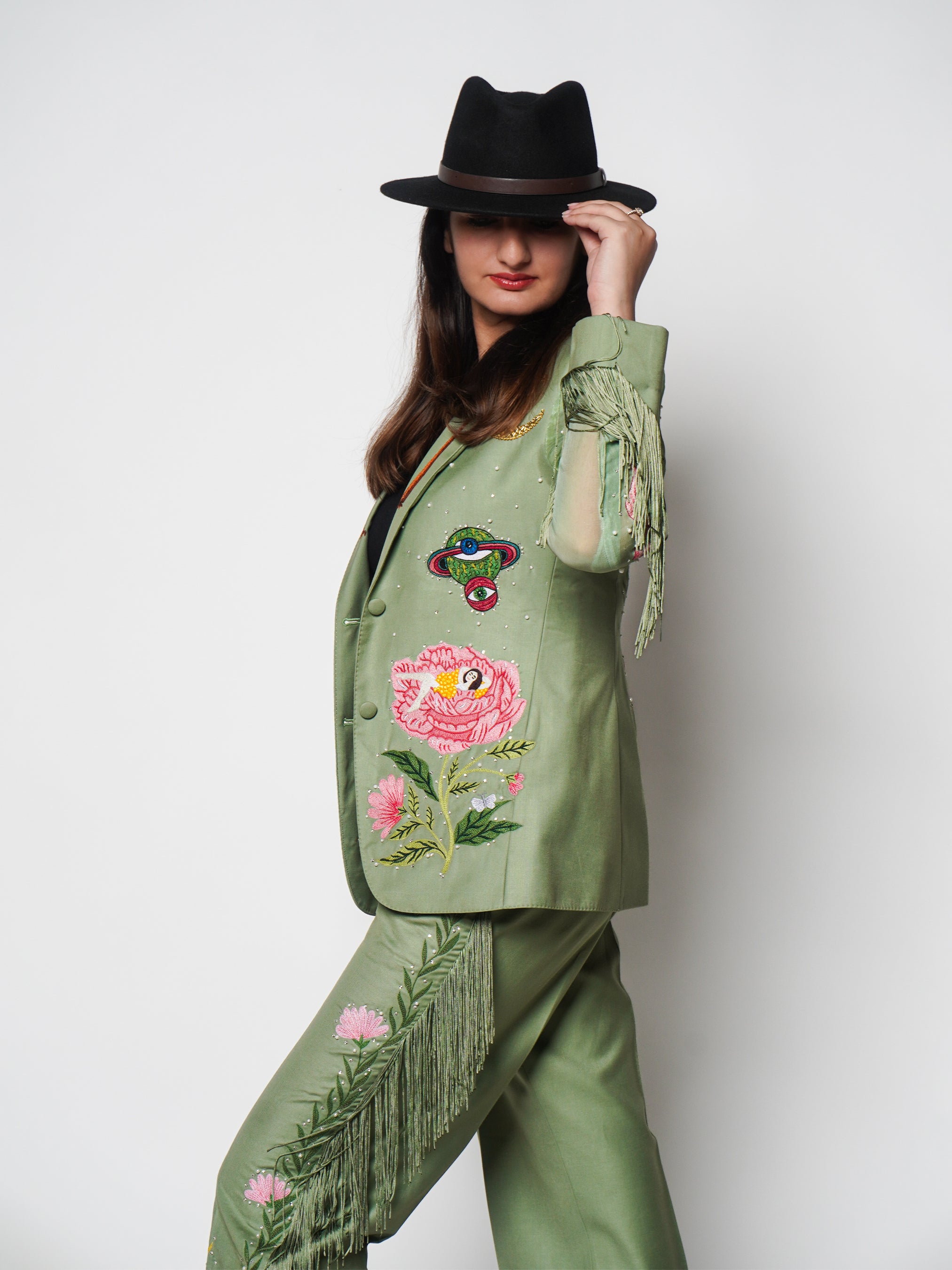 Fringed Butterfly Bloom Embroidered Suit