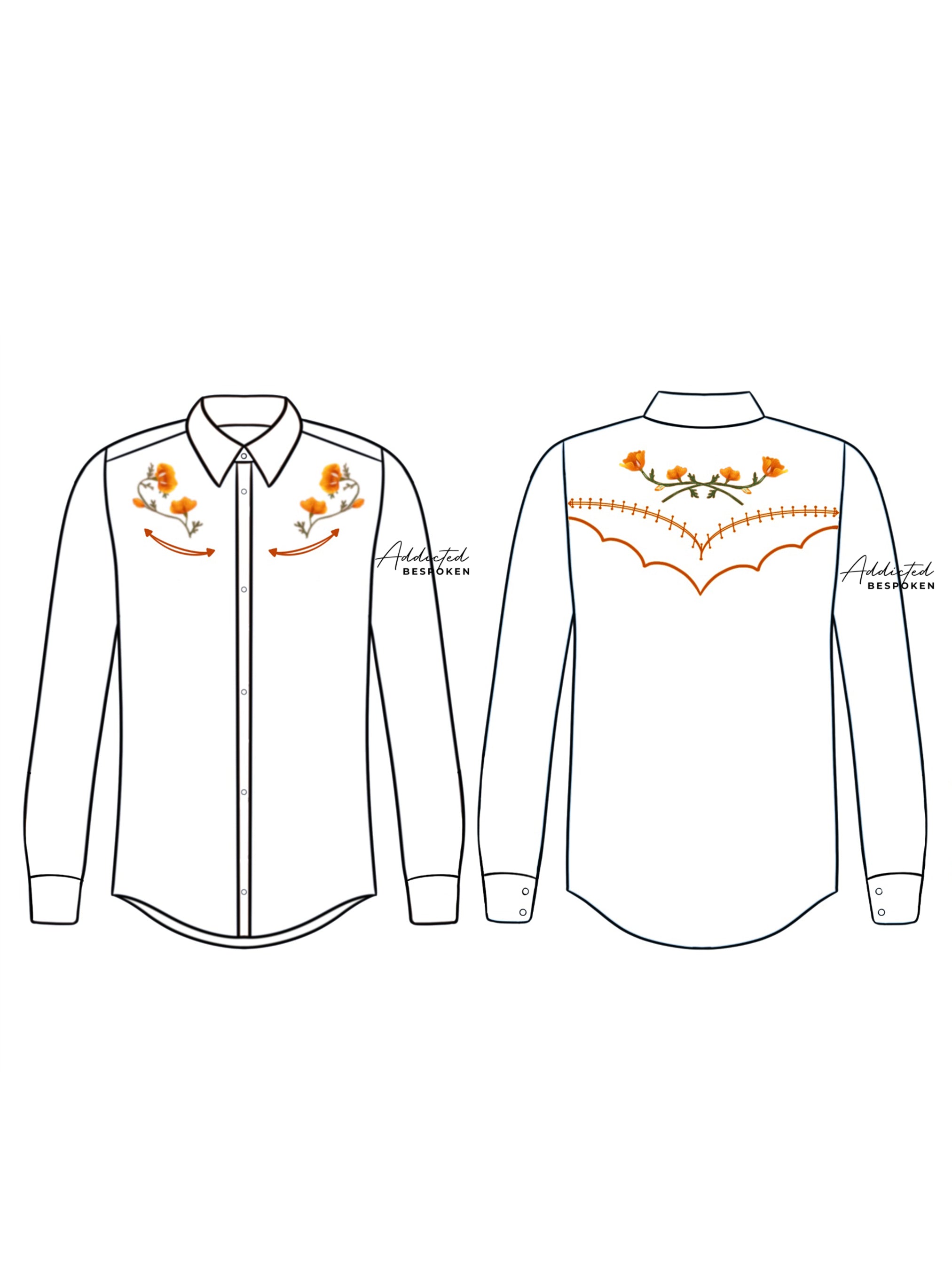 Front and back flat sketch of white western shirt with orange floral embroidery across chest and shoulders – Addicted Bespoken