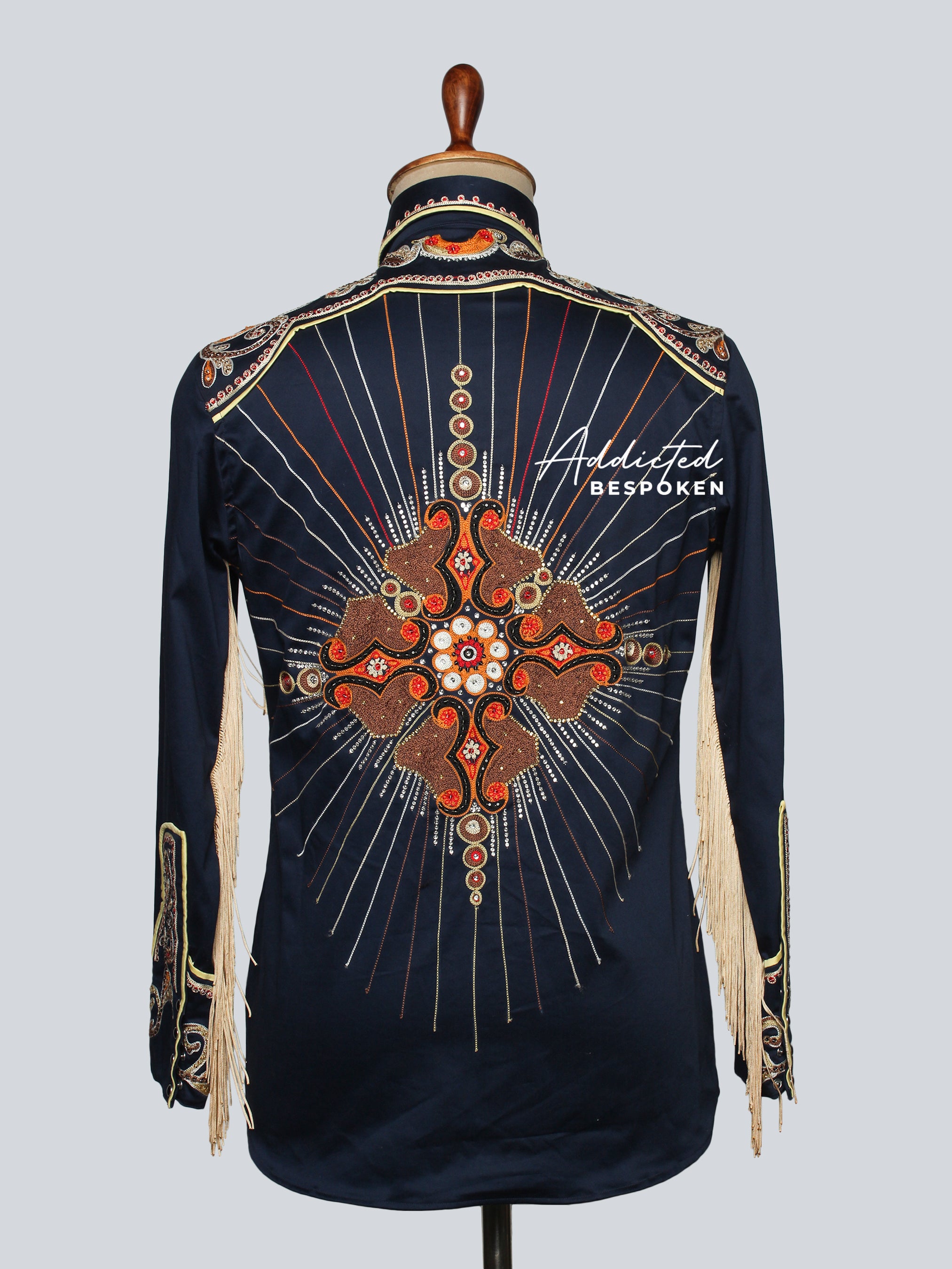 Back mannequin view of navy blue embroidered western shirt with golden motif β Addicted Bespoken