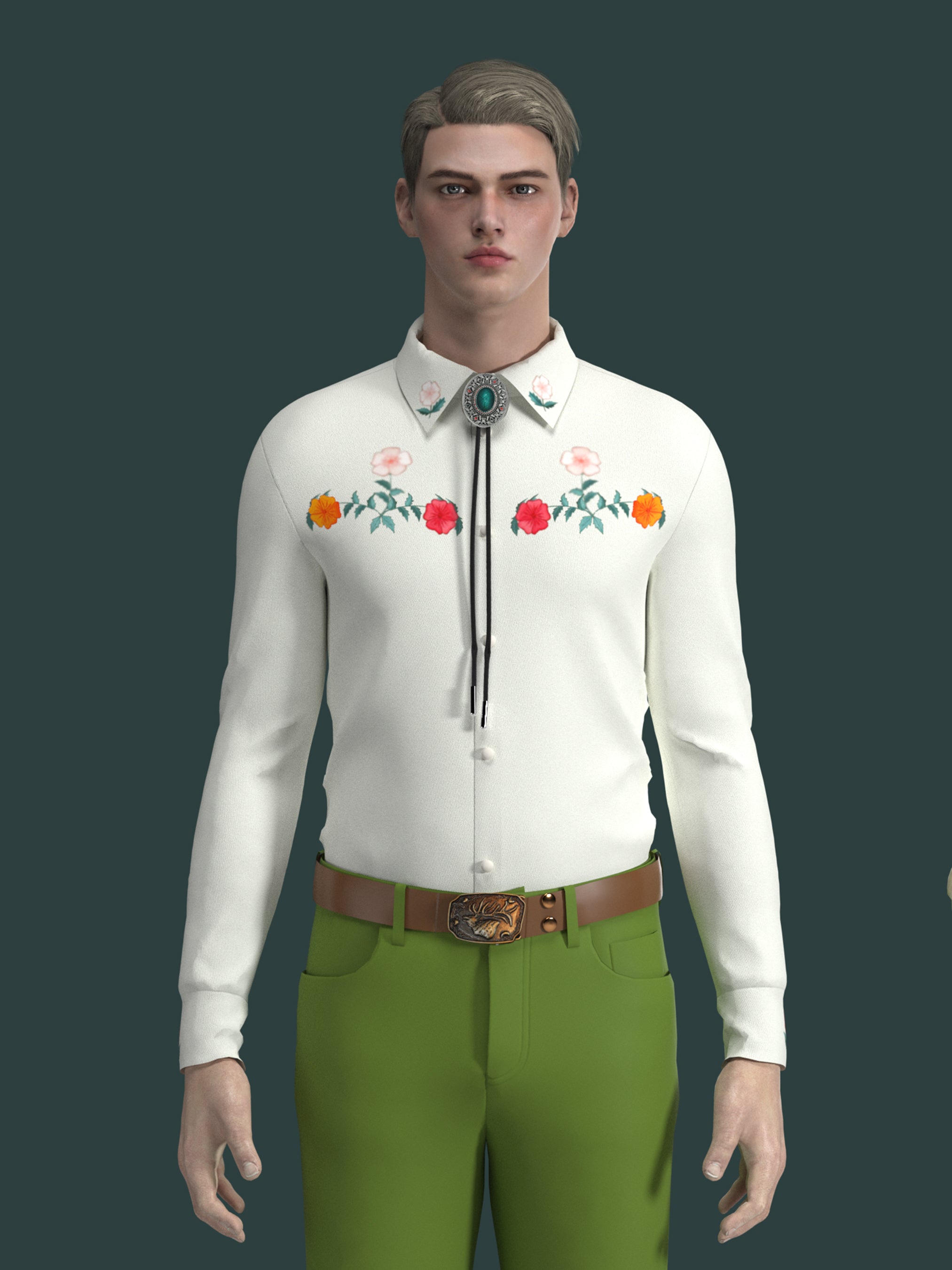 Front view of male model wearing white western shirt with colorful floral embroidery and green trousers โ Addicted Bespoken