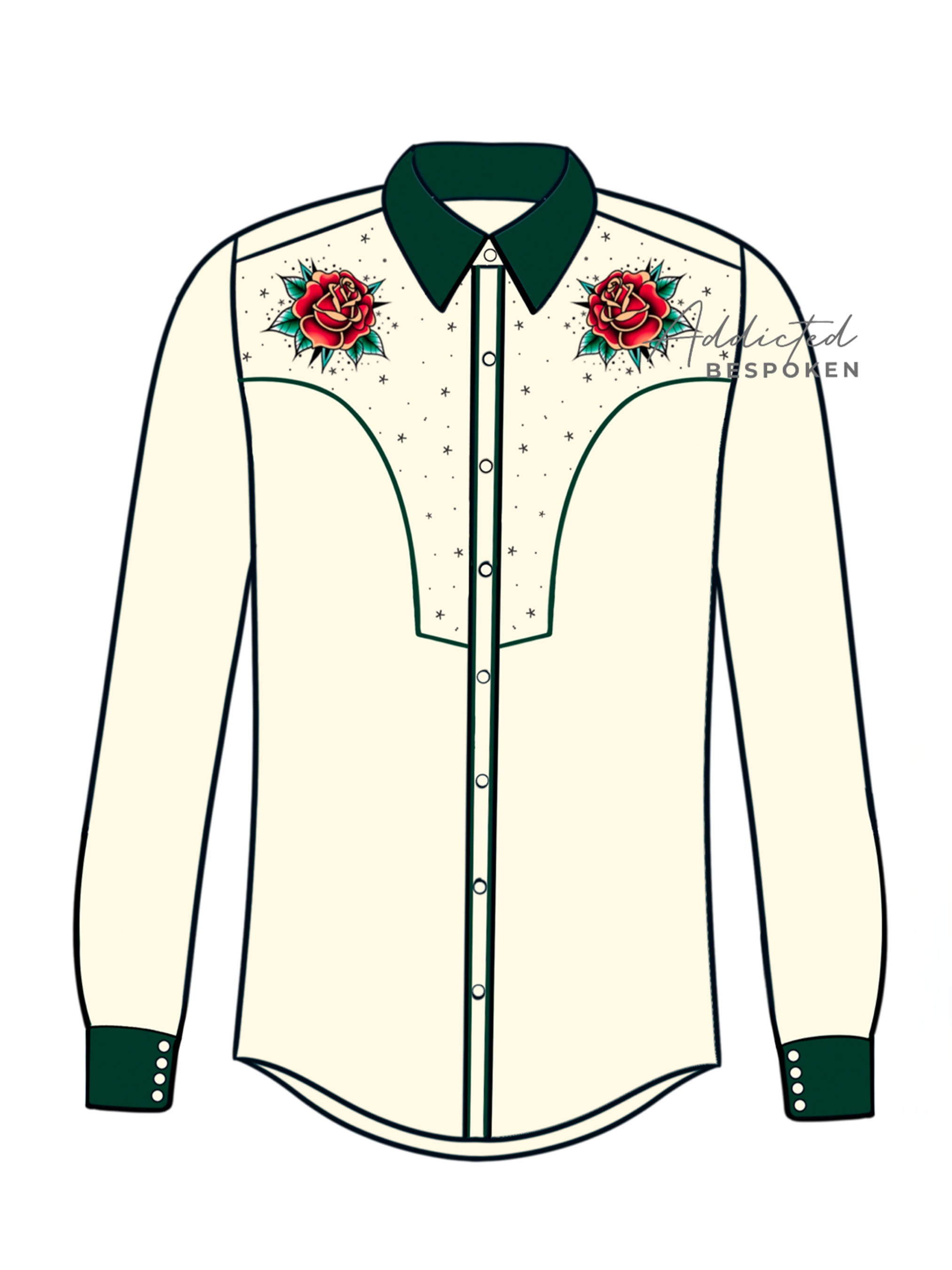 Front view illustration of cream western shirt with red floral embroidery on chest – Addicted Bespoken