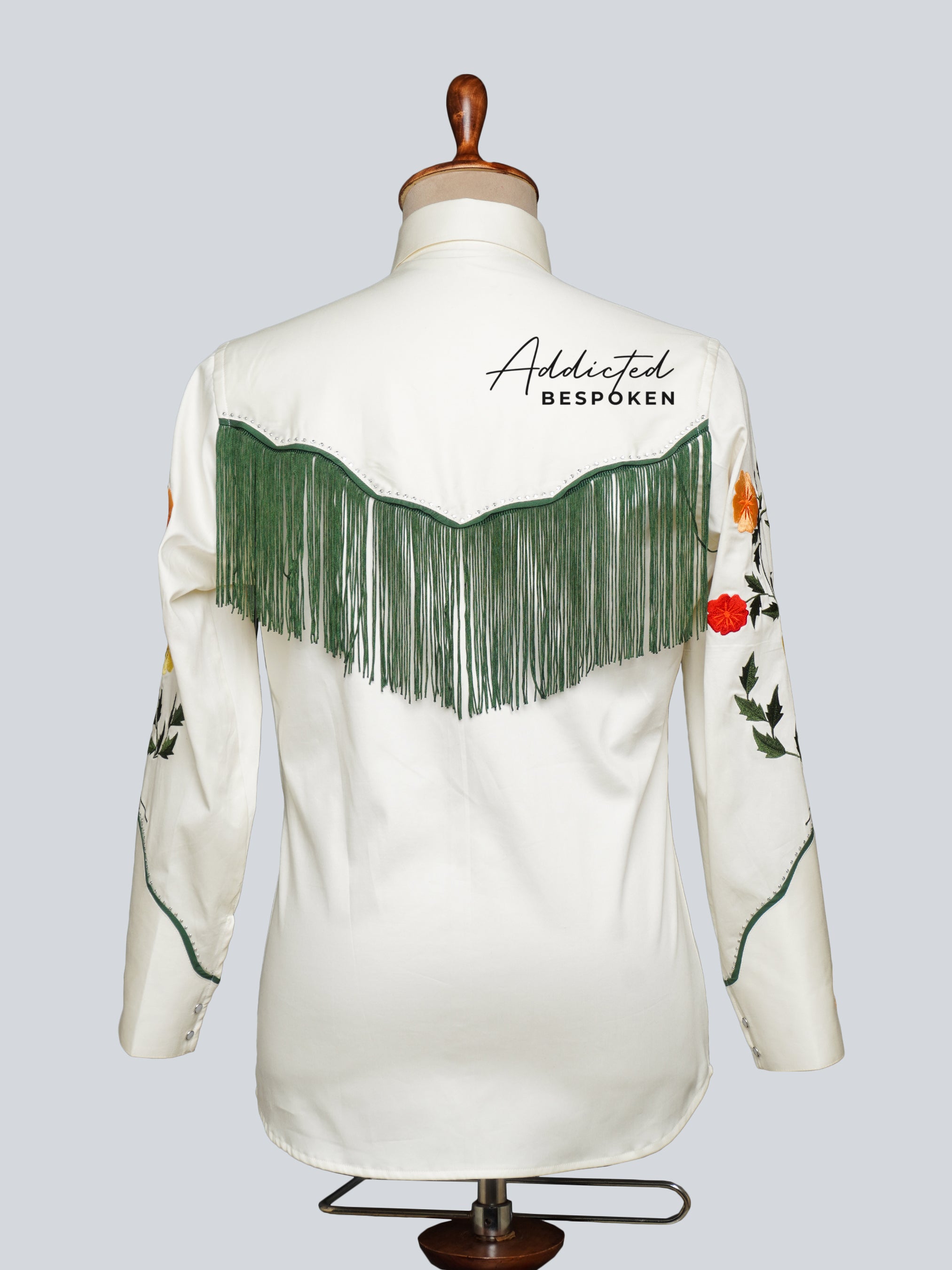 Back view of white western shirt with green fringe detailing – Addicted Bespoken