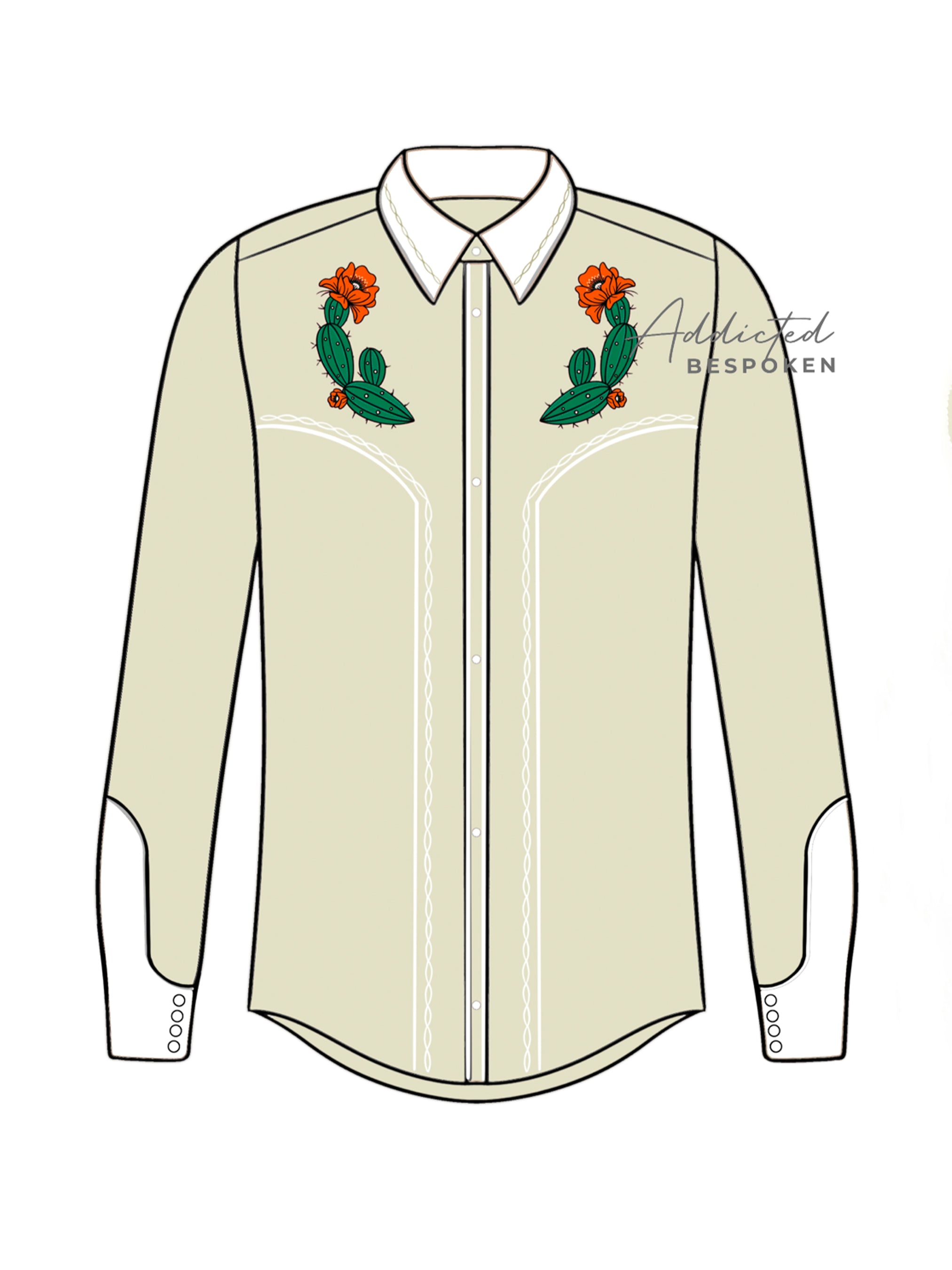 Front view illustration of cream western shirt with floral embroidery on chest – Addicted Bespoken