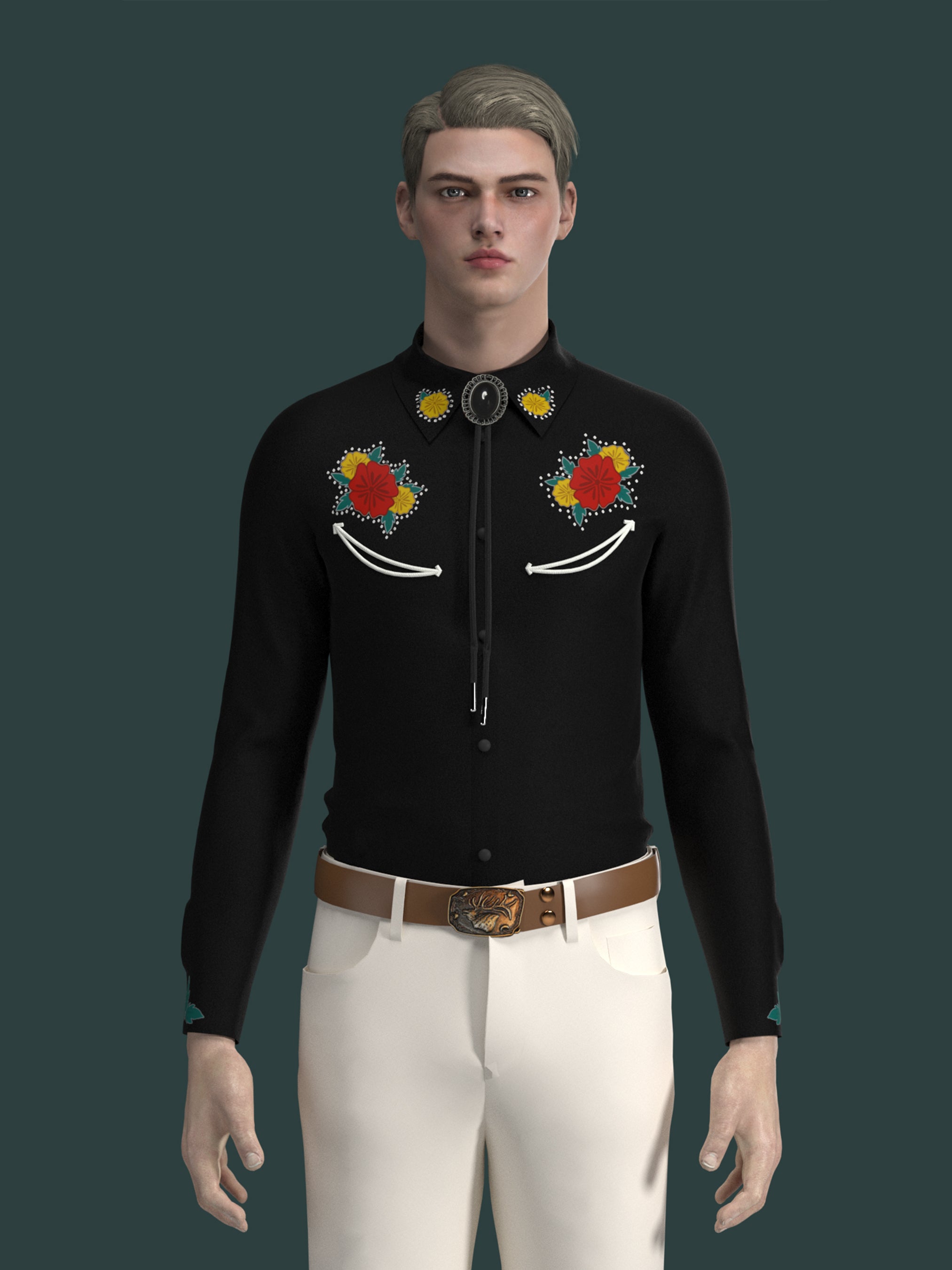 Front view of male model wearing black western shirt with red floral embroidery and white trousers – Addicted Bespoken