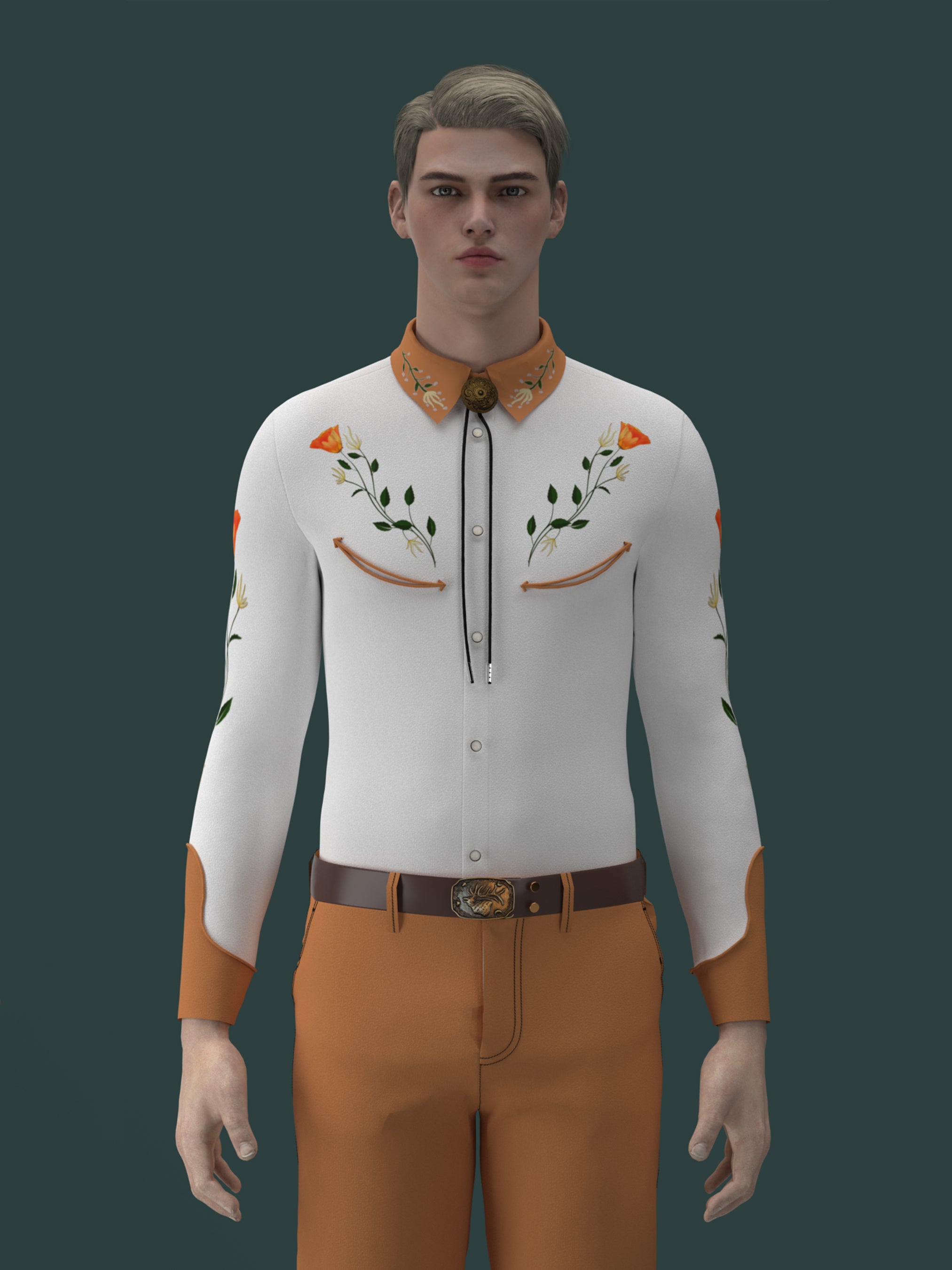 Front view of male model wearing white western shirt with orange embroidery and tan trousers – Addicted Bespoken