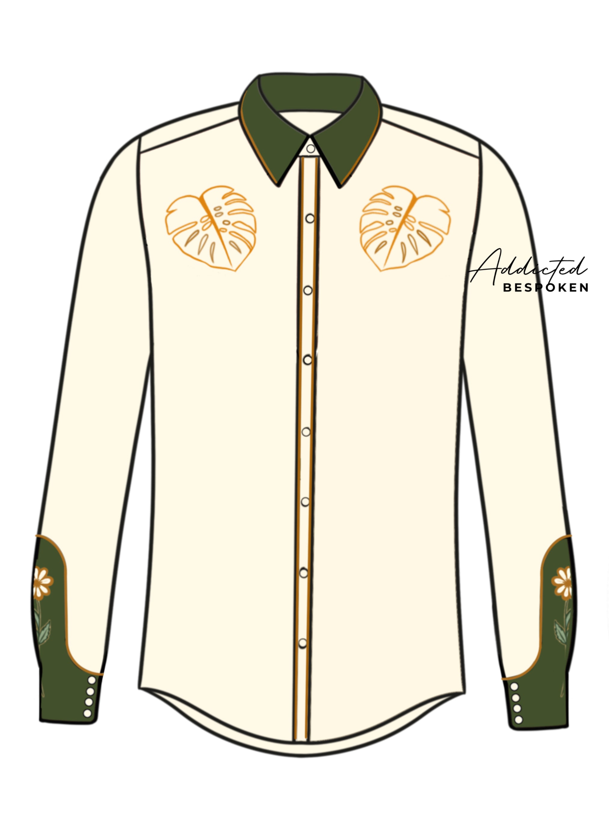 Front view illustration of cream western shirt with green accents and embroidered motif – Addicted Bespoken