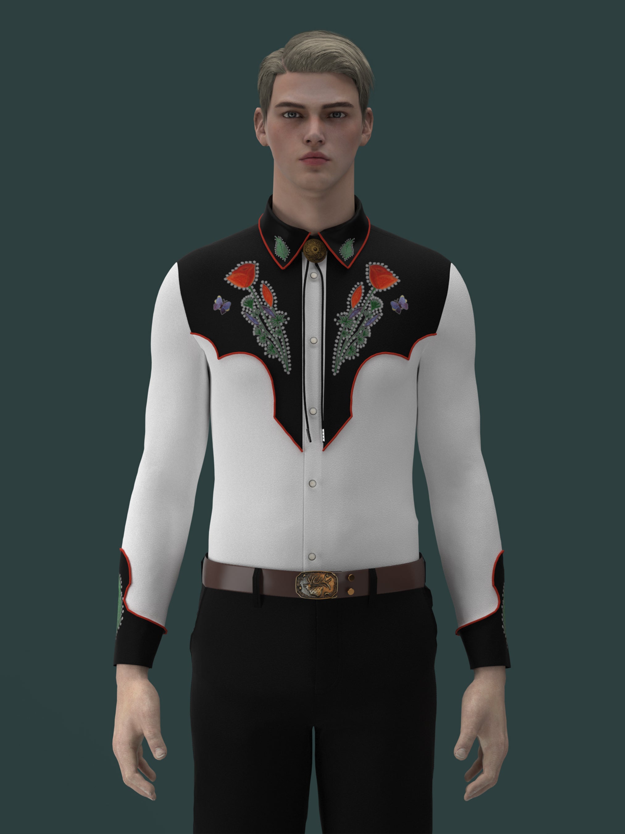 Front view of male model wearing black and white western shirt with red floral embroidery – Addicted Bespoken