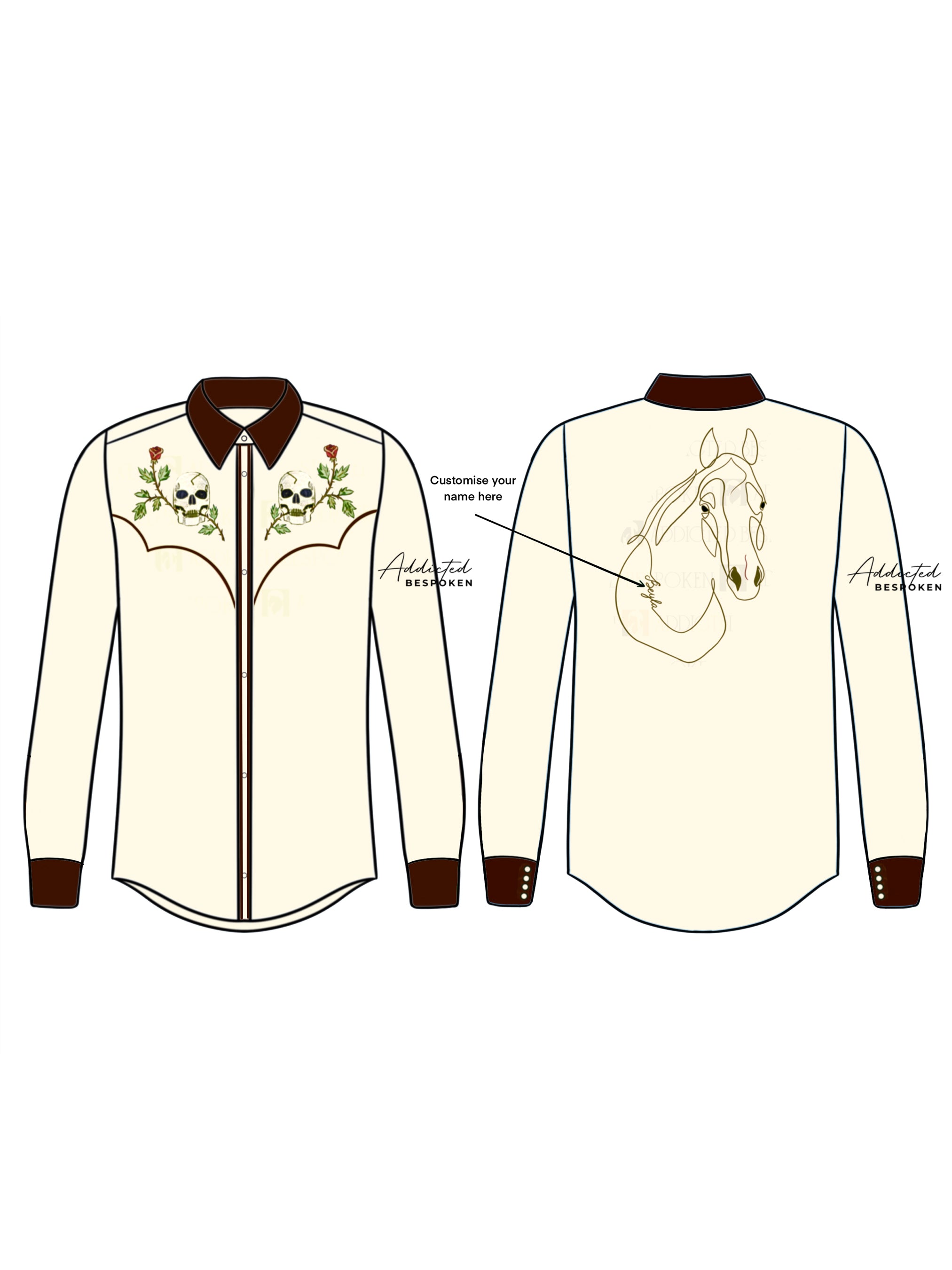 Front and back flat sketch of cream western shirt with brown collar, cuffs, and floral embroidery – Addicted Bespoken