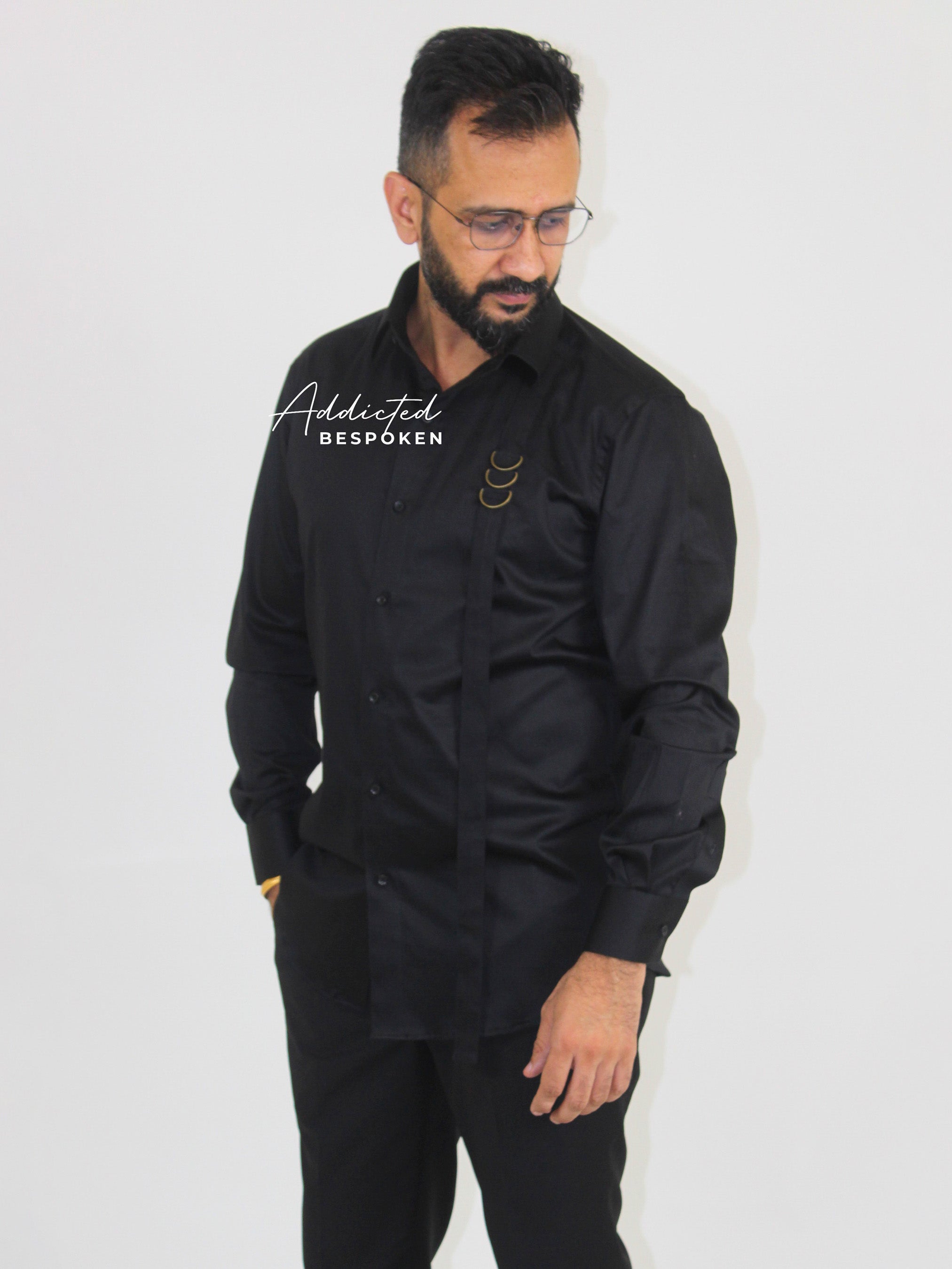 Front view of black embroidered western shirt worn by male model – Addicted Bespoken
