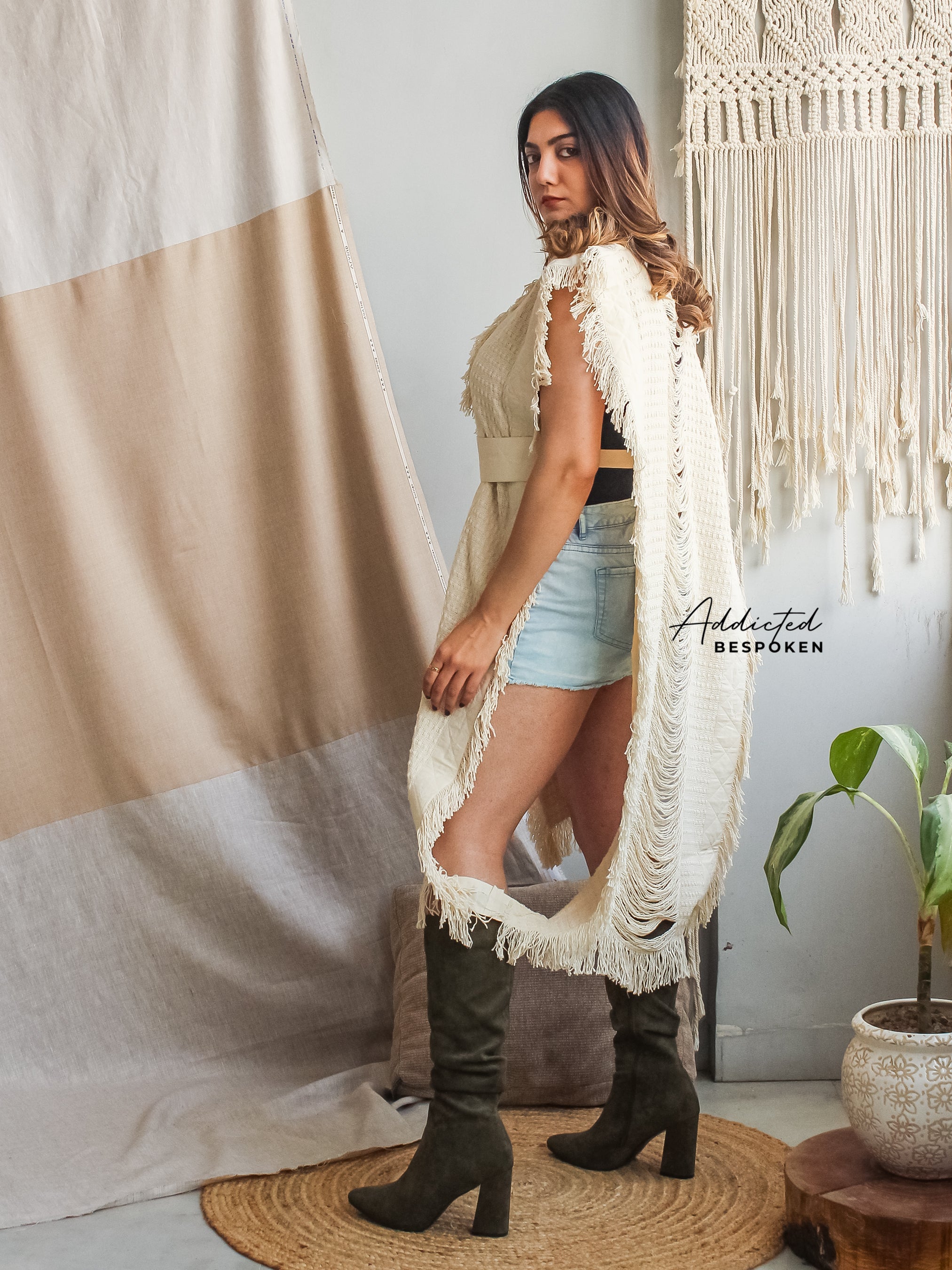 Woman modeling cream Boho Chic Belted Poncho – boho chic dresses and bohemian outerwear