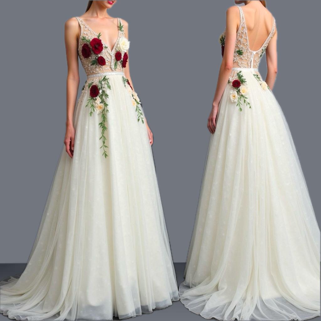 embroidered floral illusion dress Multicolor Floral Embroidered Illusion V-Neck Gown