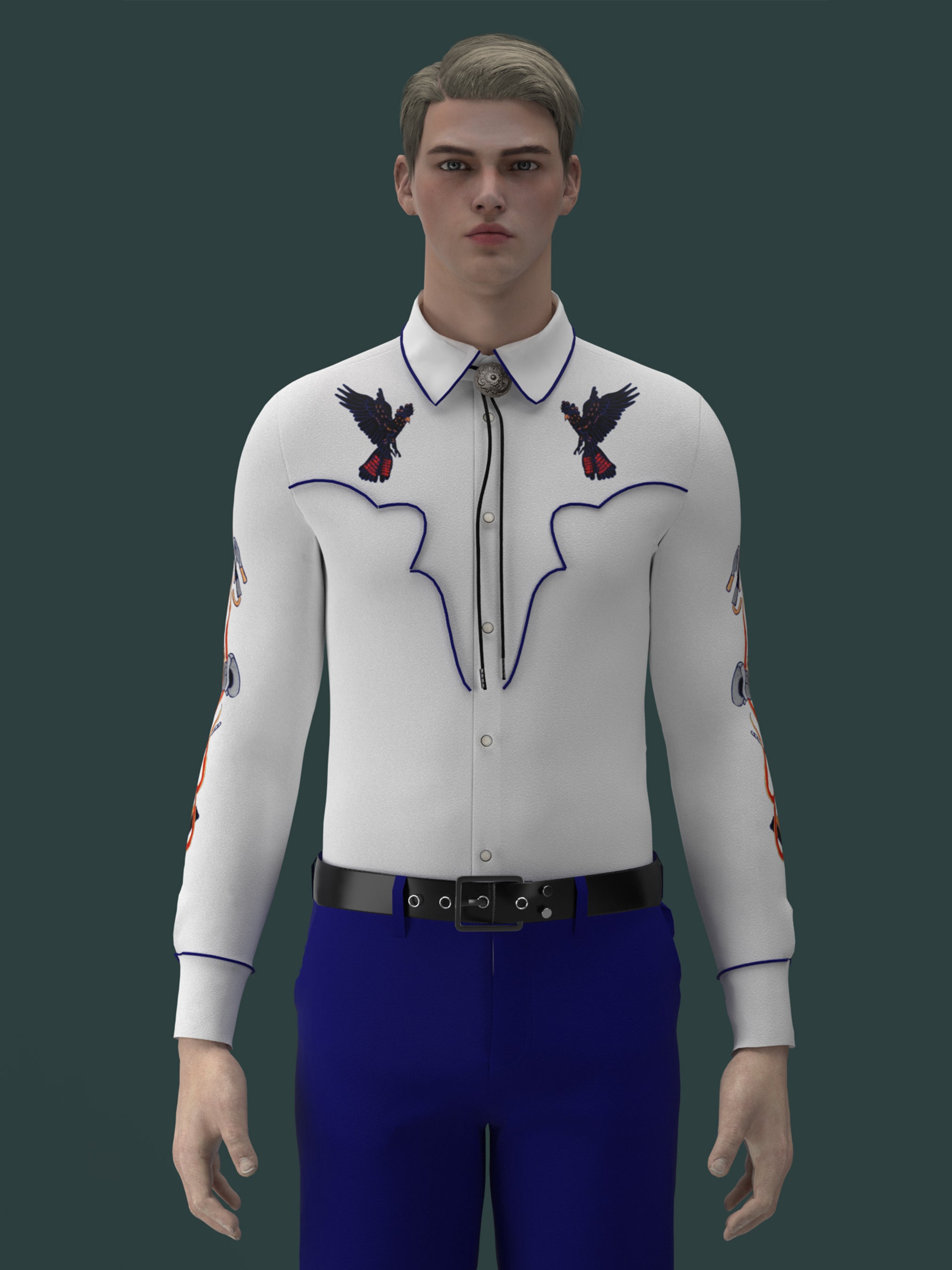 Front view of male model wearing white western shirt with purple bird embroidery and blue trousers – Addicted Bespoken