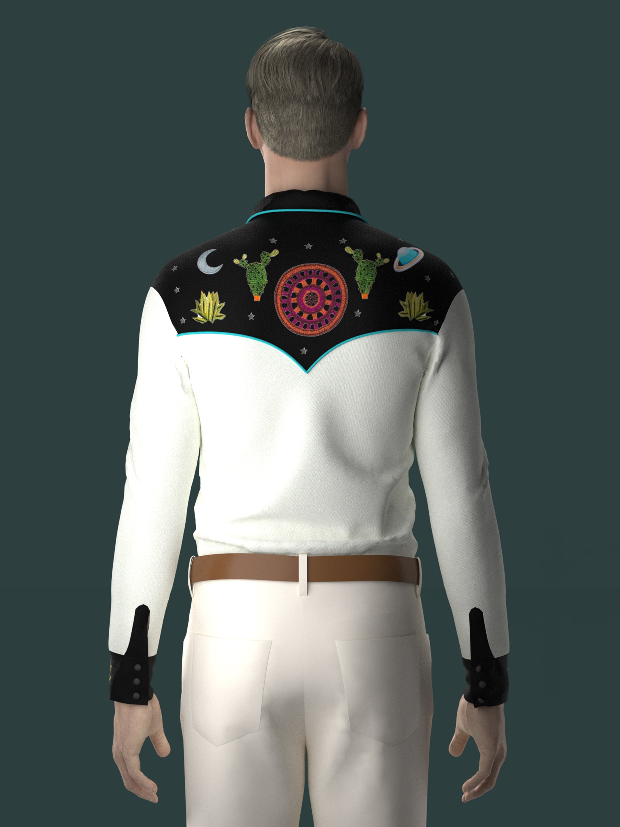 Back view of male model in white embroidered western shirt – Addicted Bespoken