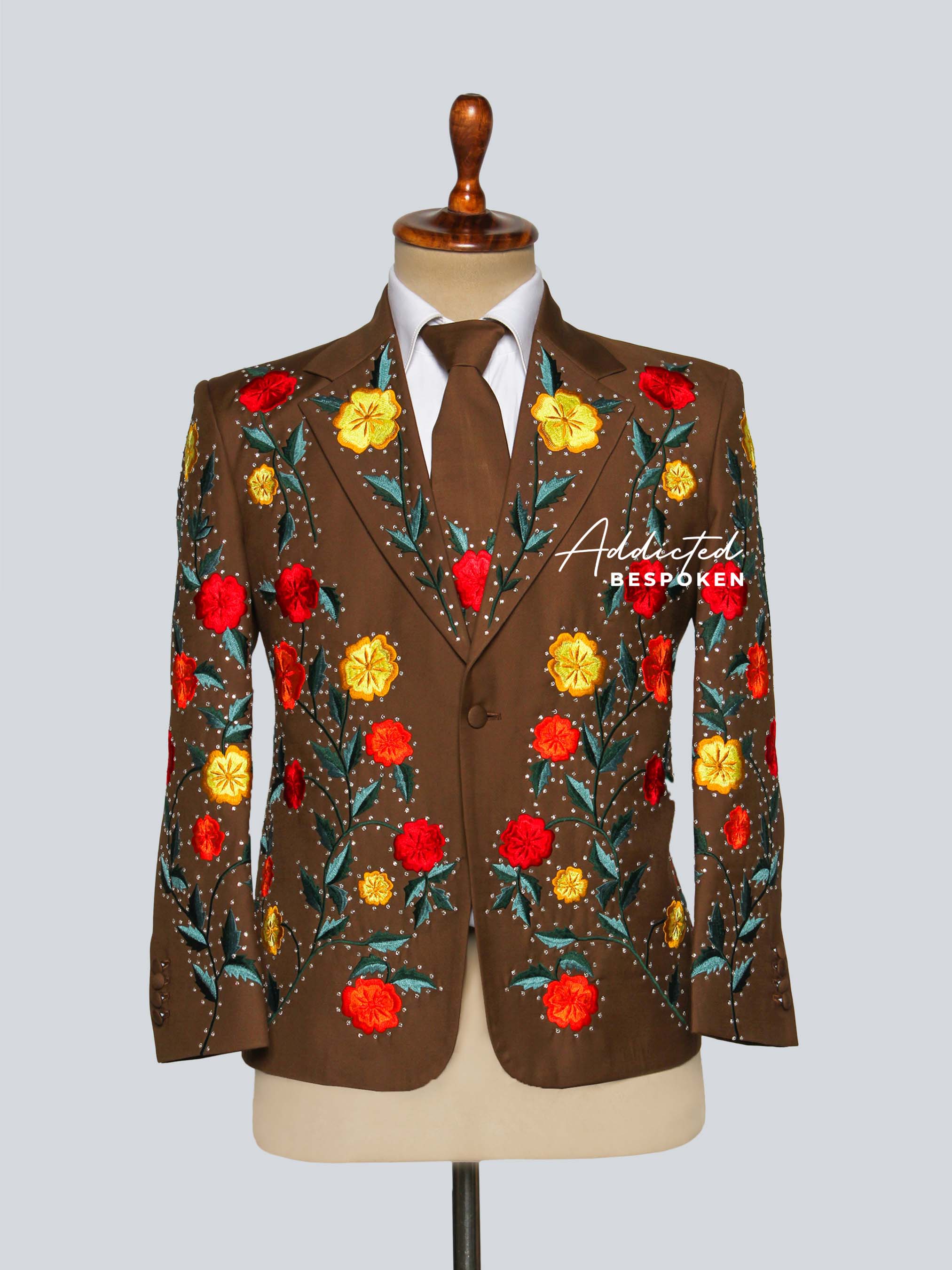 Floral Embroidered Brown Suit