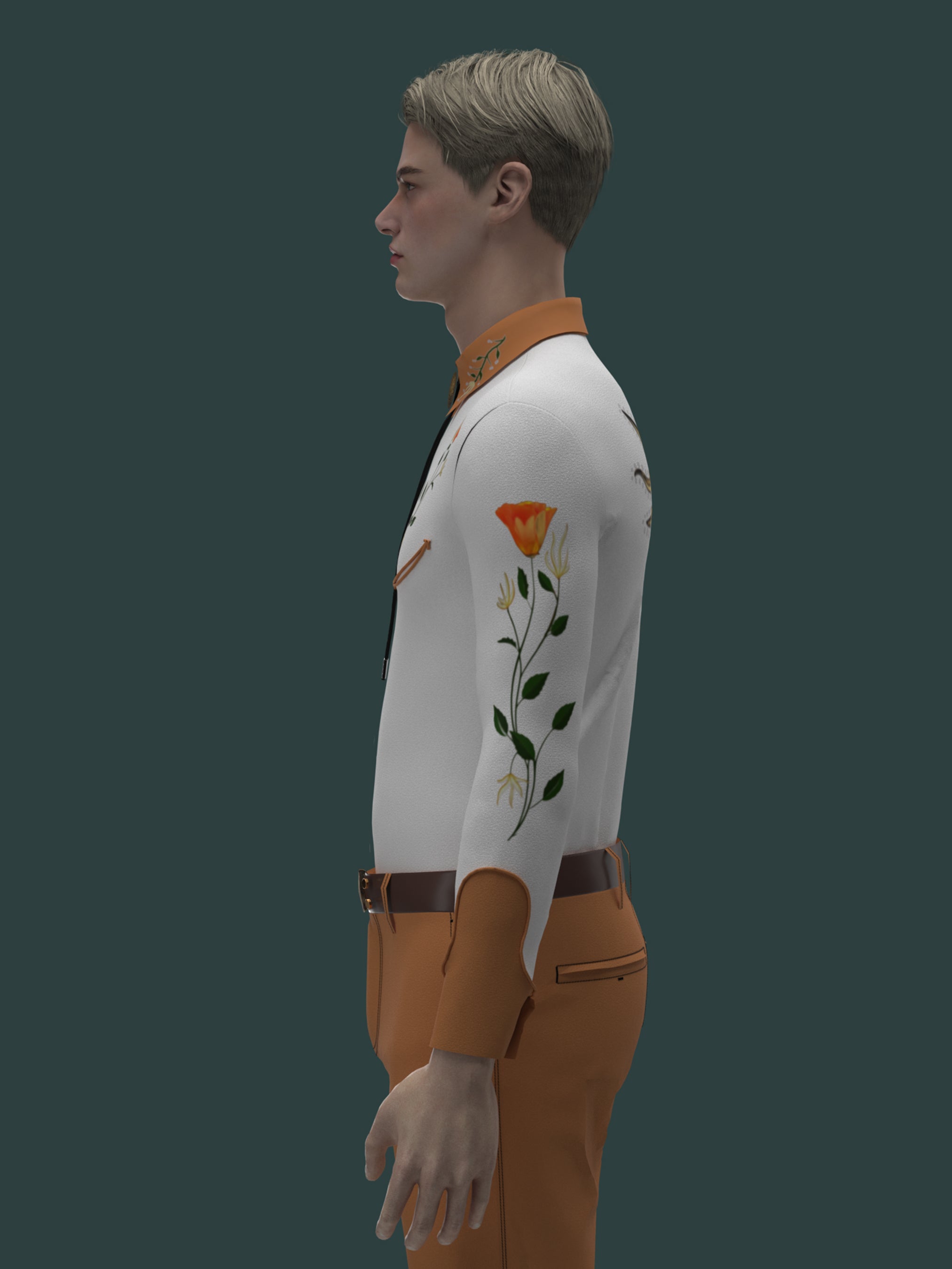 Side angled view of male model wearing white embroidered western shirt with orange detailing – Addicted Bespoken