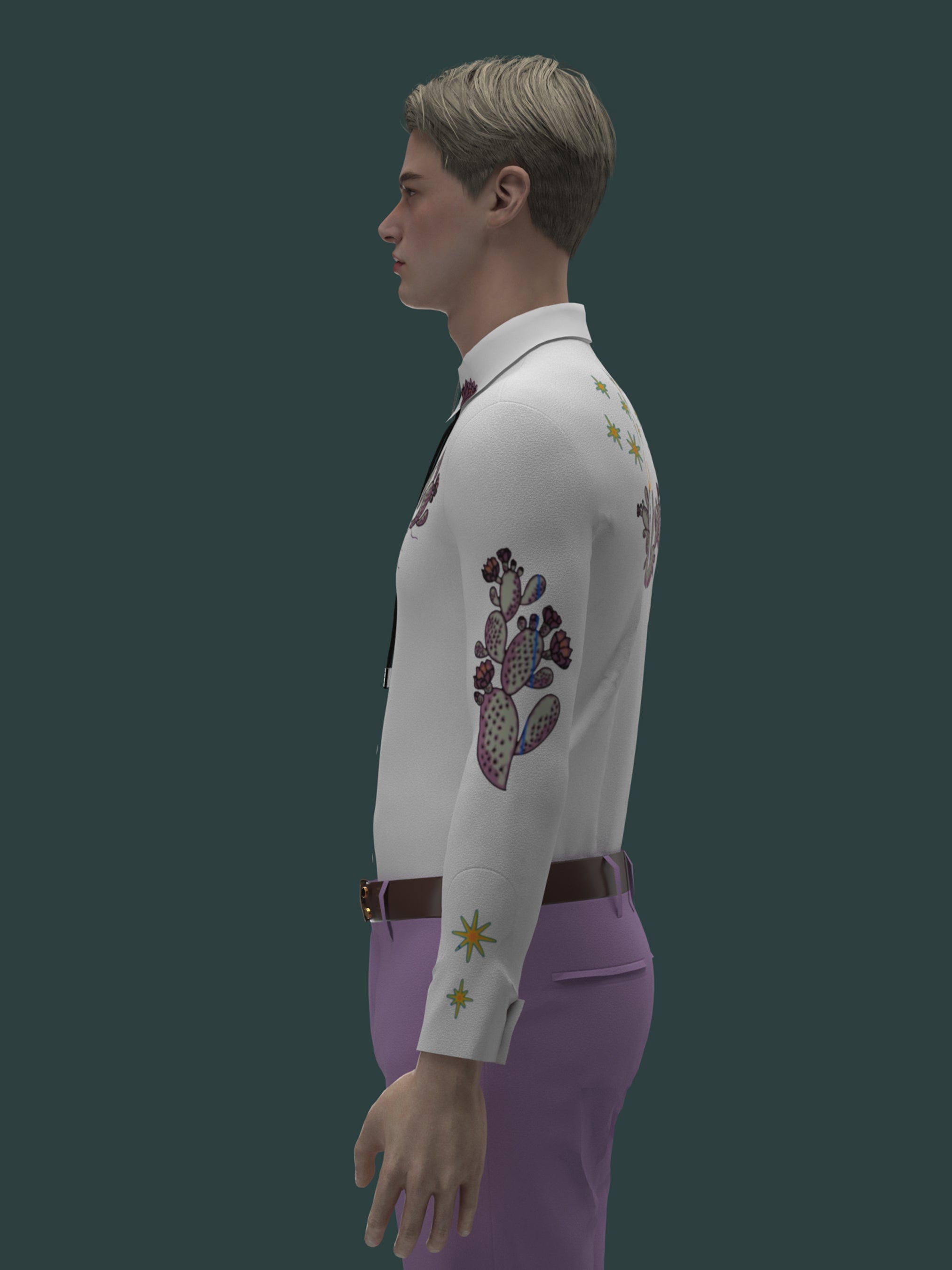 Side angled view of male model wearing white western shirt with floral embroidery on sleeves – Addicted Bespoken