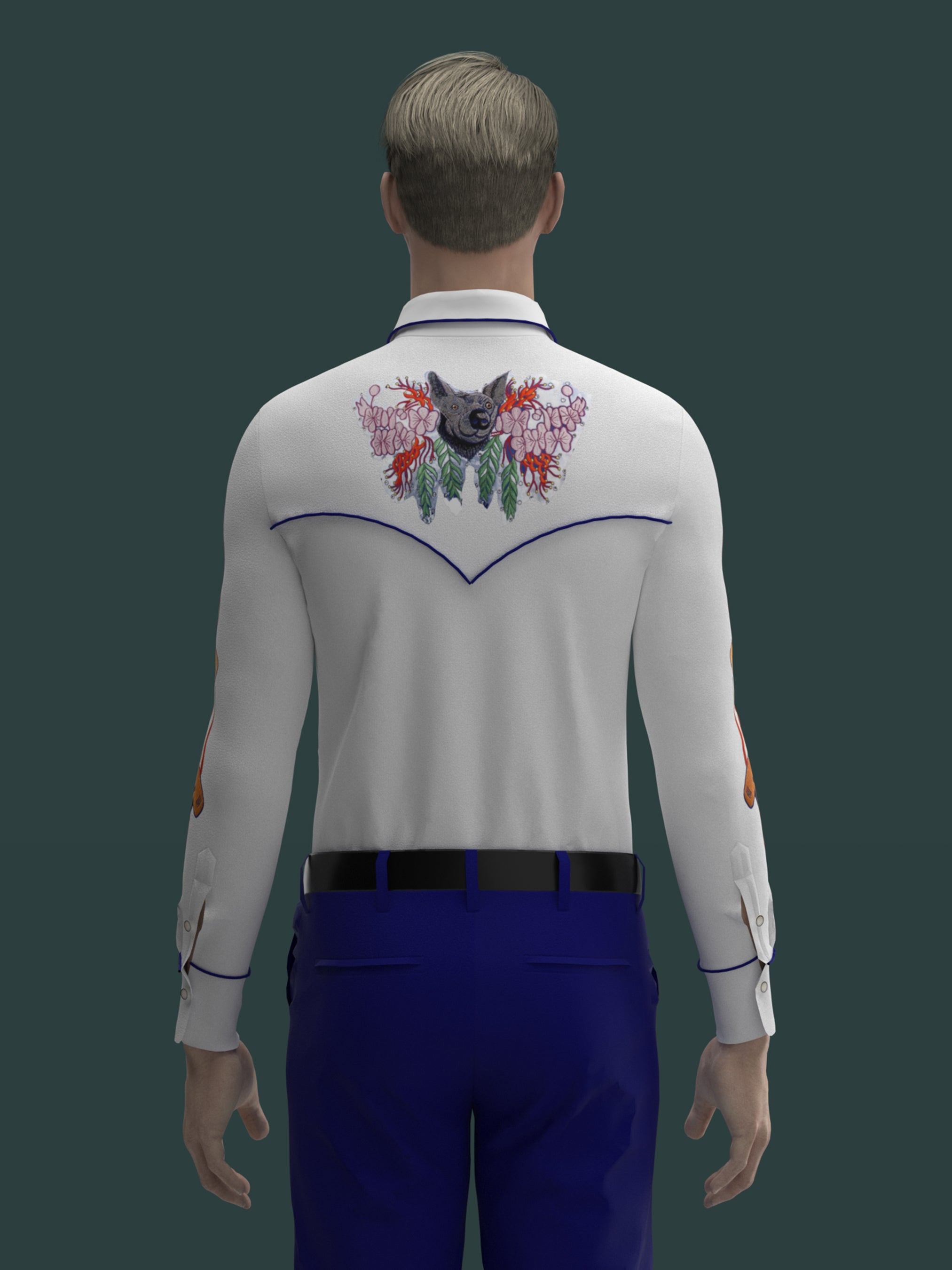 Back view of male model in white western shirt with colorful bird embroidery across shoulders – Addicted Bespoken