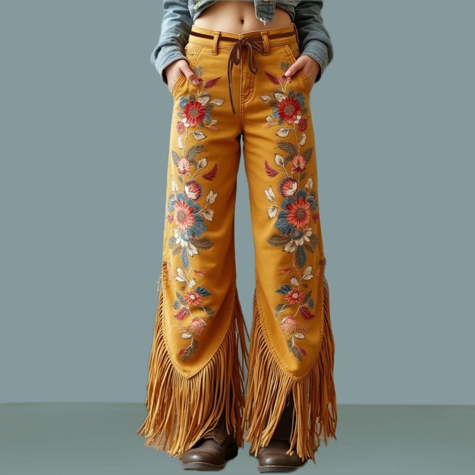 Bold Floral Embroidered Western Dress Pants