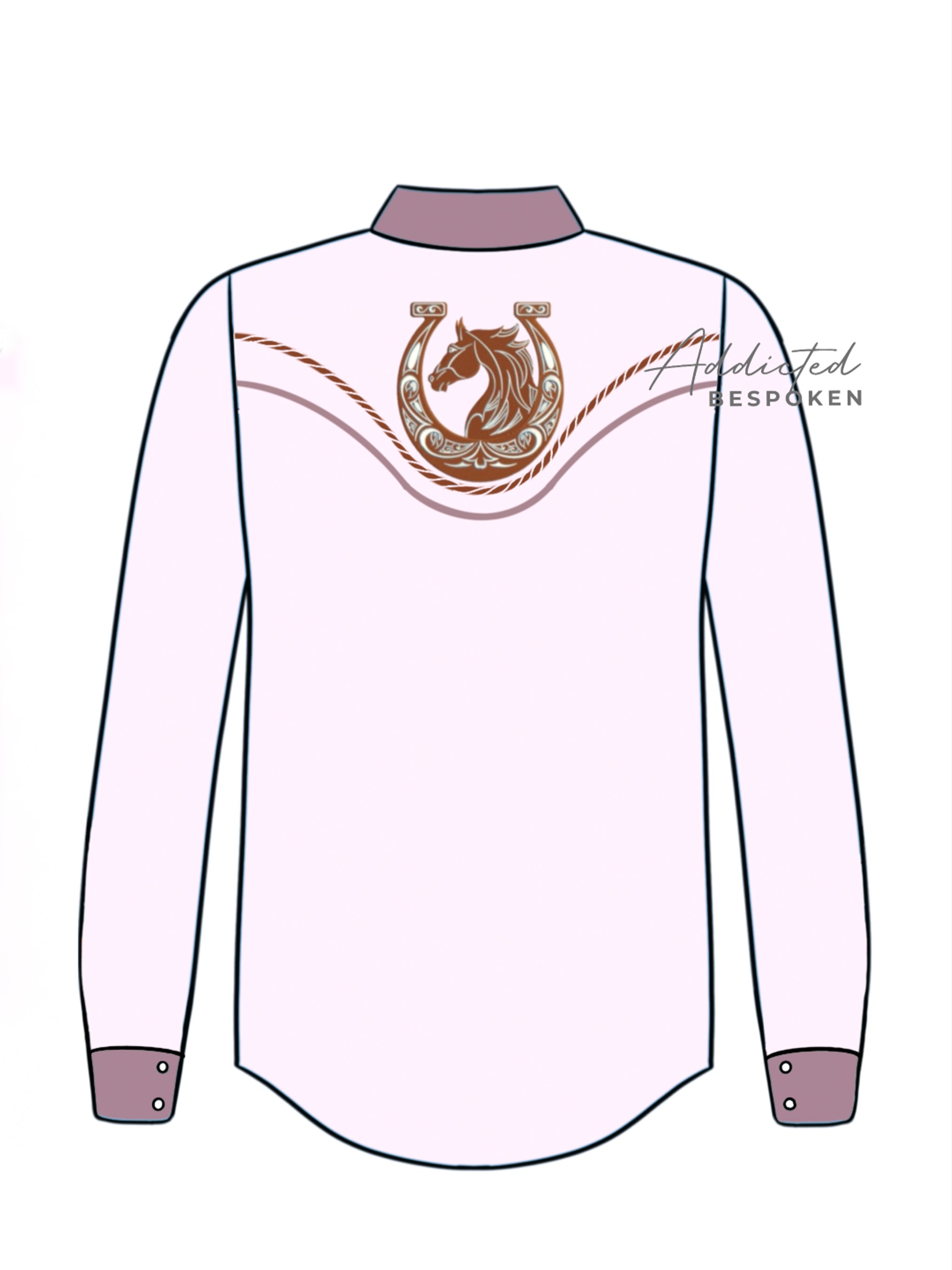 Back view illustration of light pink western shirt with large embroidered horse head motif – Addicted Bespoken