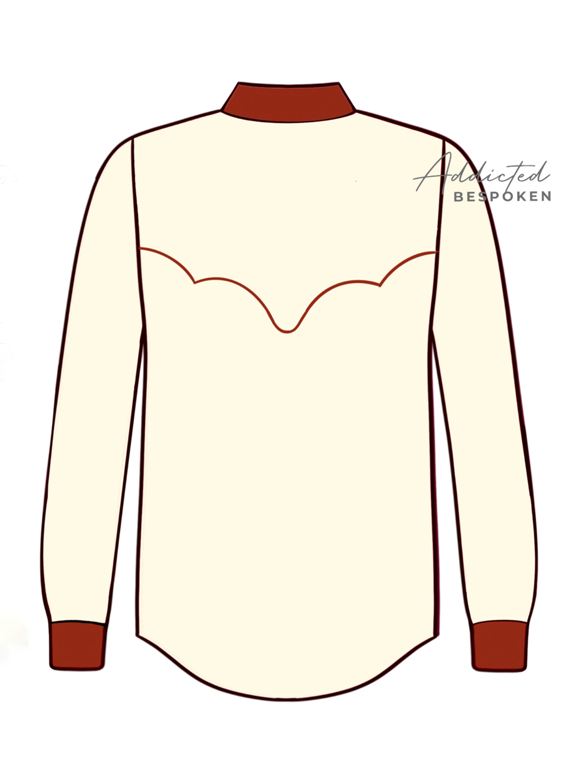 Back view illustration of cream western shirt with brown collar and piping β Addicted Bespoken