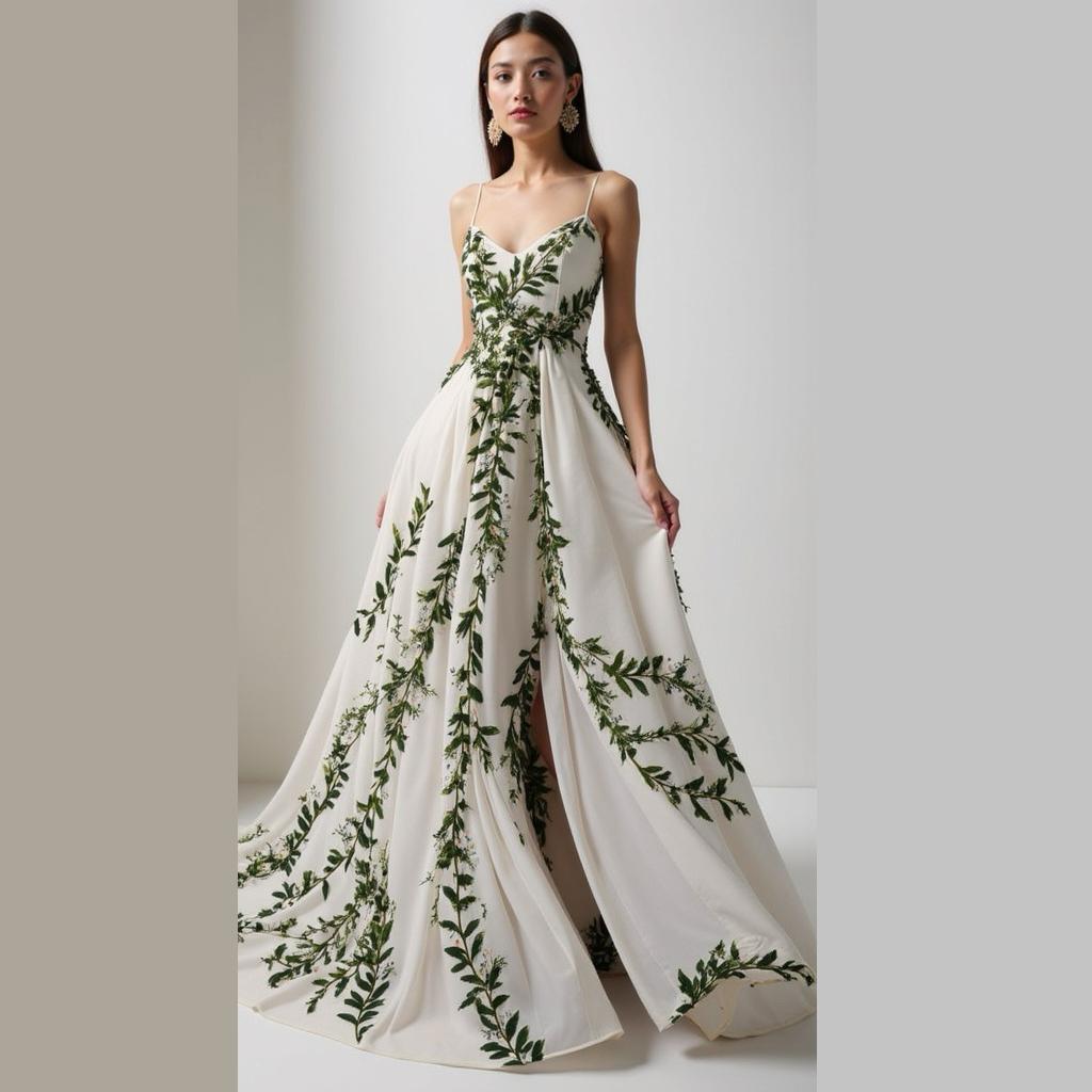 Botanical Embroidery and Side Slit Flowing Elegance Gown