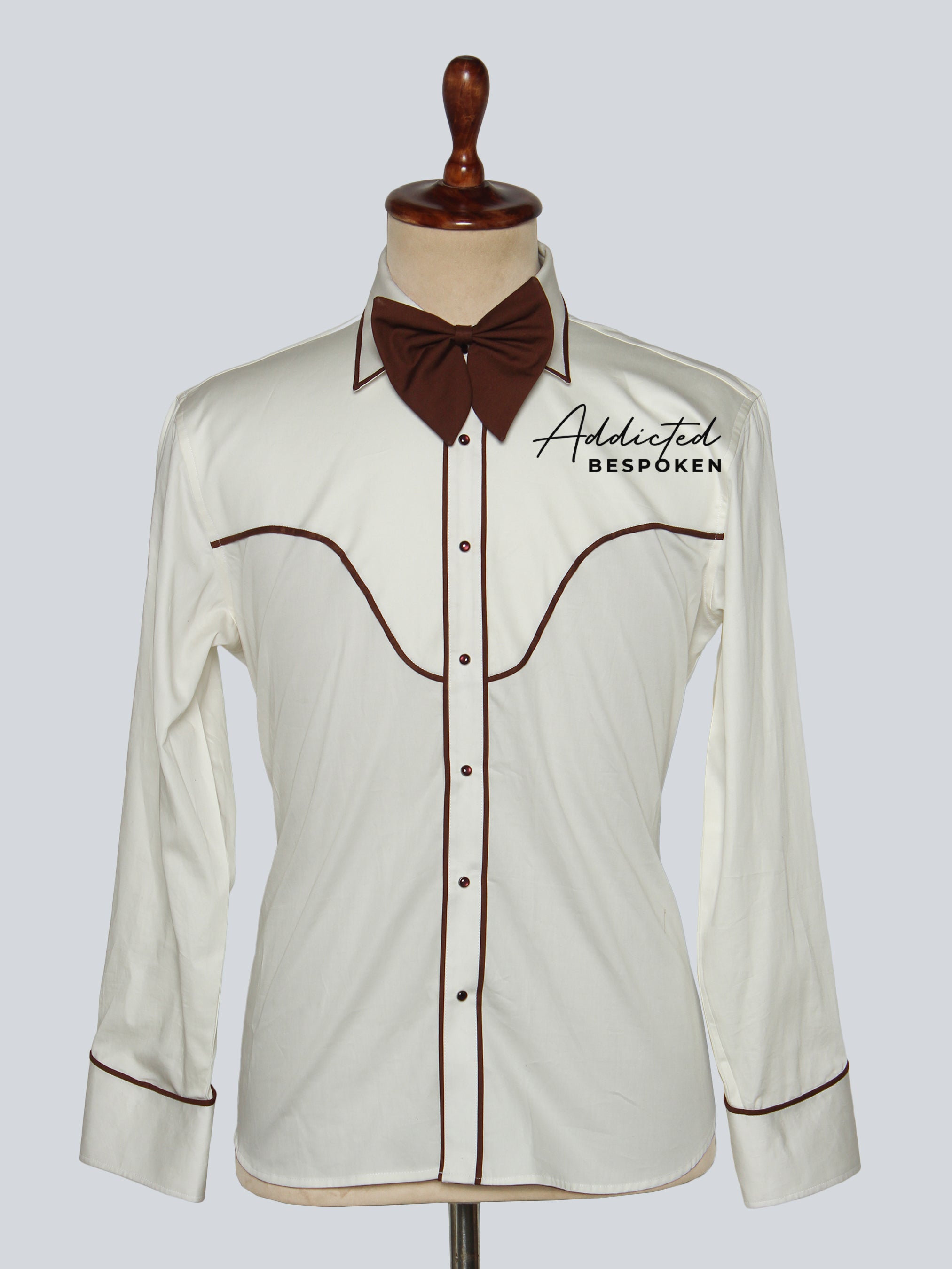 Front view of cream western shirt with brown collar, piping, and embroidered logo – Addicted Bespoken