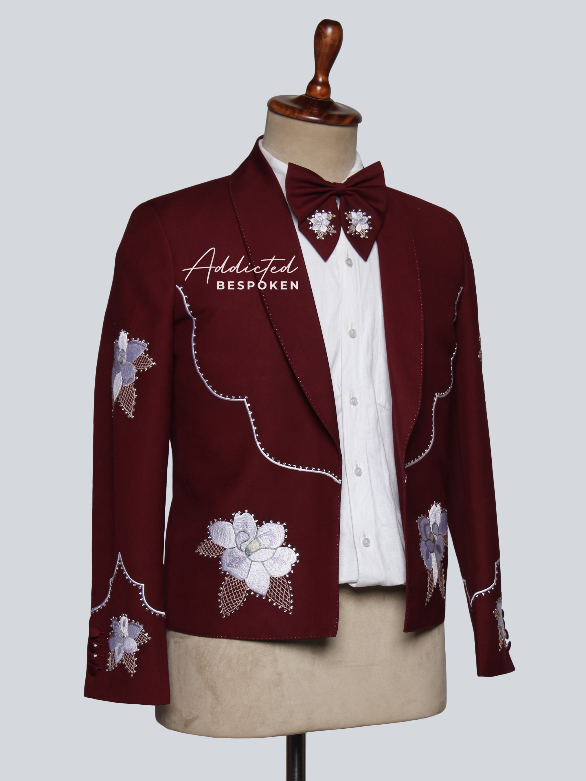 Crimson Bloom Shawl Lapel Embroidered Suit