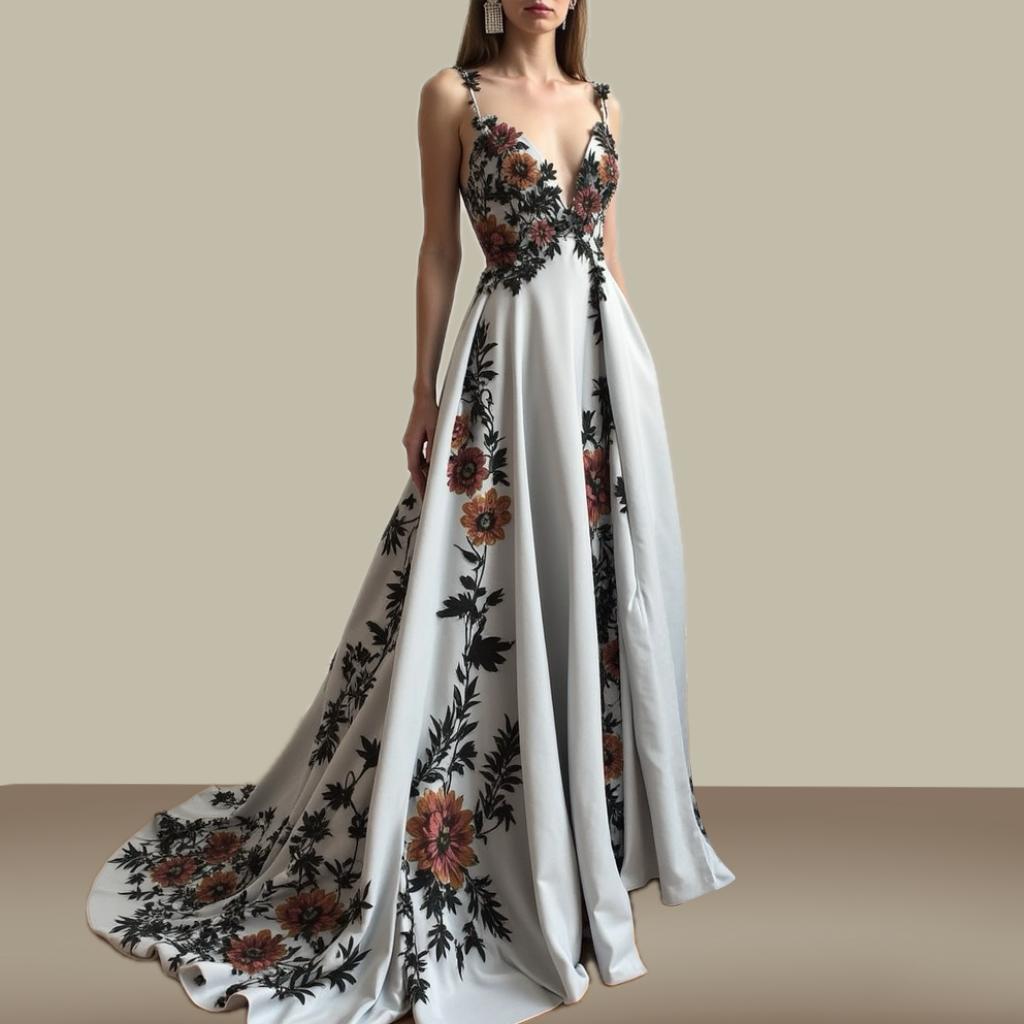 Floral Embroidered Backless Gown with Flowing Silhouette