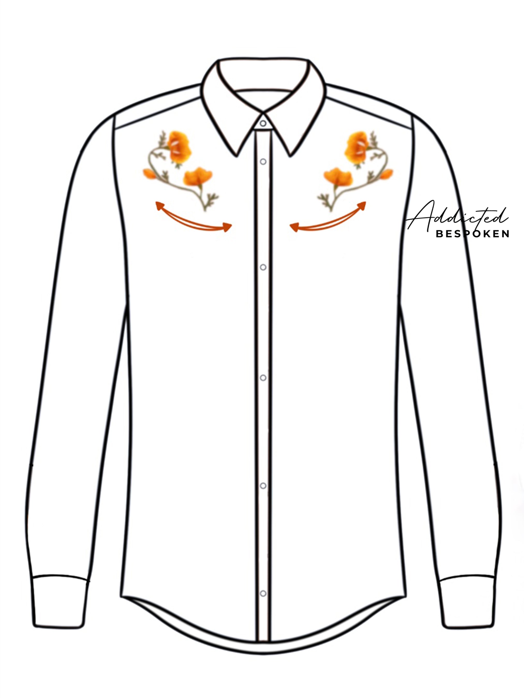 Front view illustration of white western shirt with embroidered orange floral motif – Addicted Bespoken