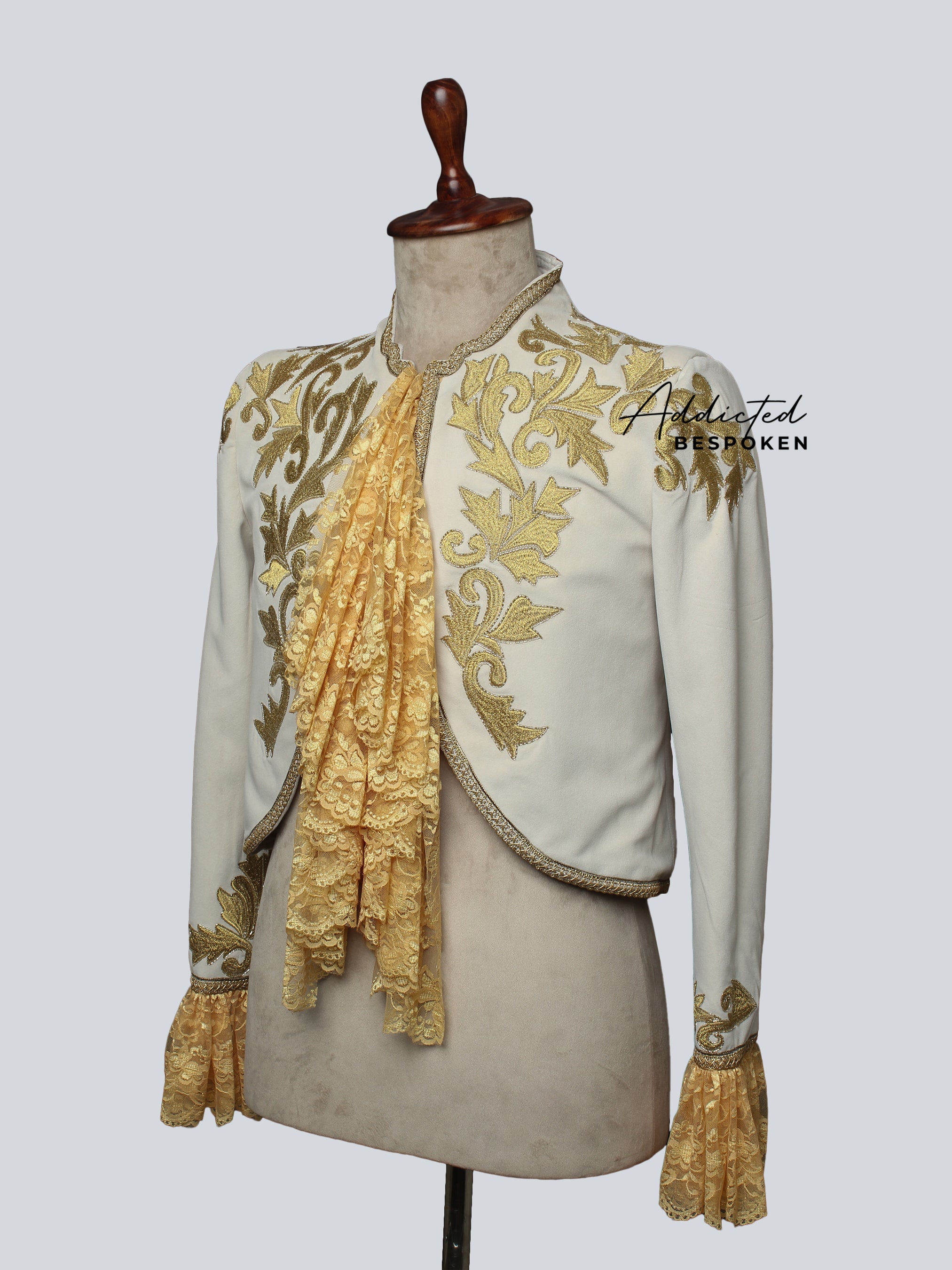 Lavish Bolero Jacket with Gold Design and Ruffles