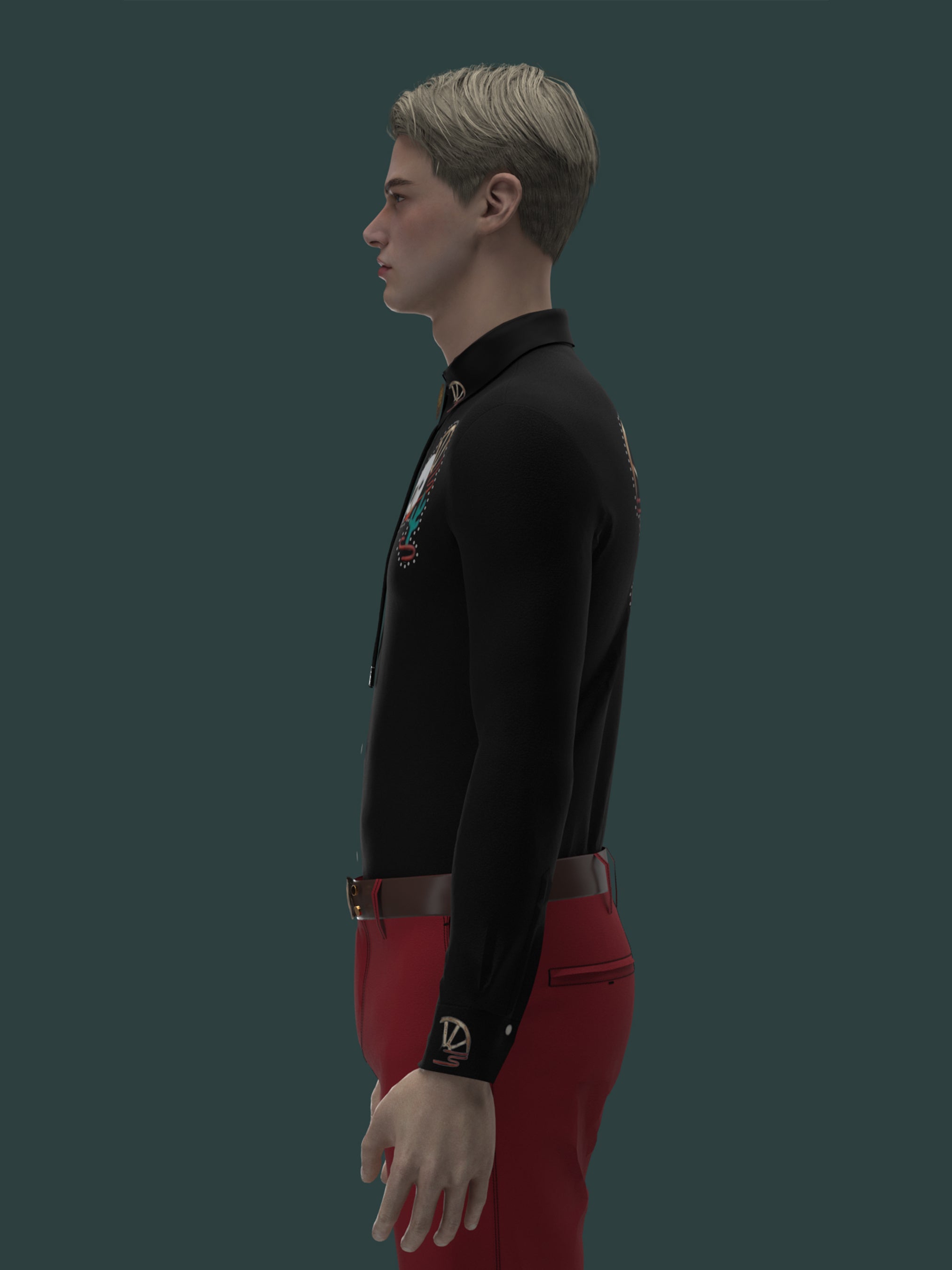 Side angled view of male model wearing black embroidered western shirt with red trousers โ Addicted Bespoken