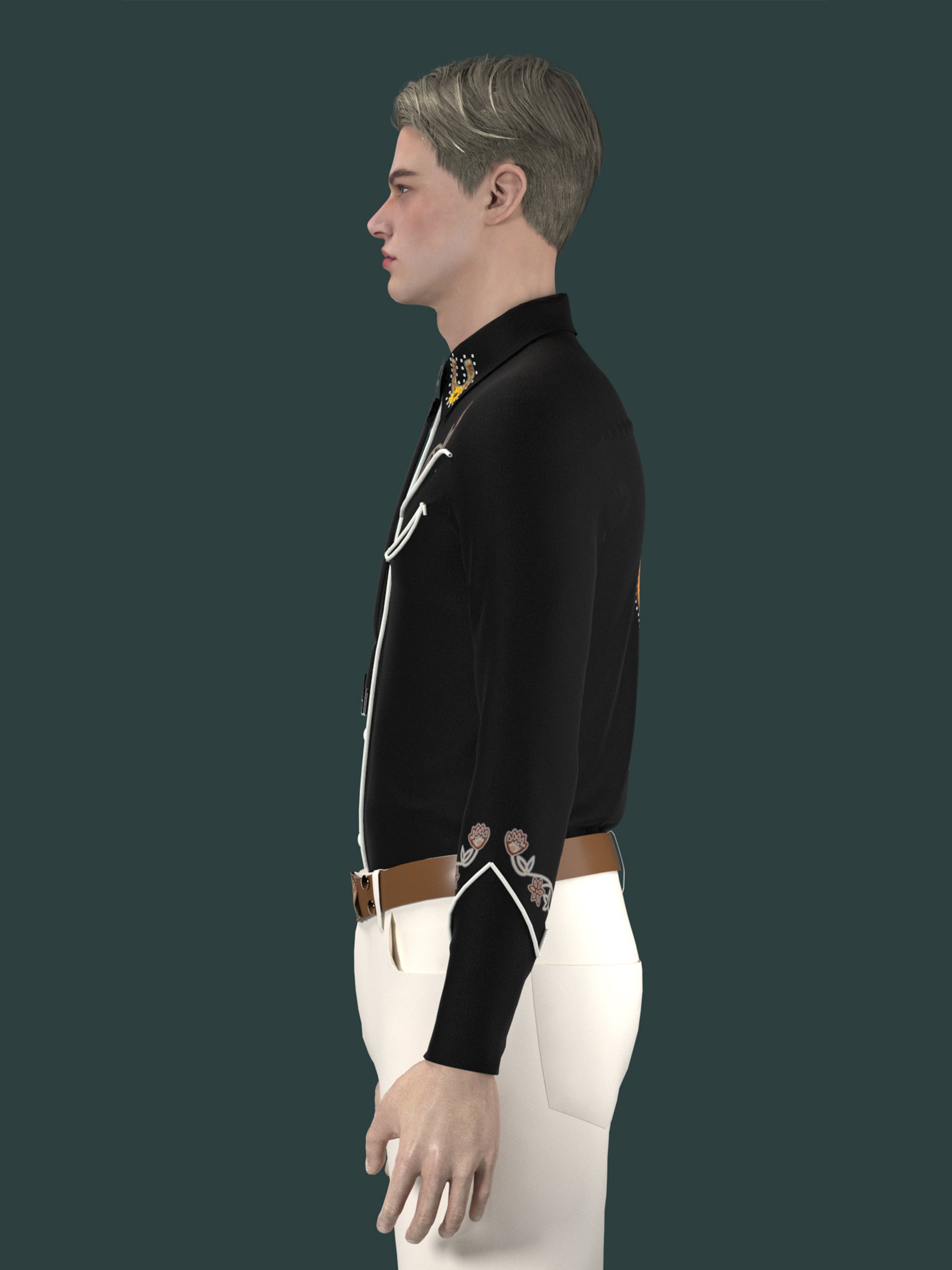 Side angled view of male model wearing black western shirt with embroidered details β Addicted Bespoken