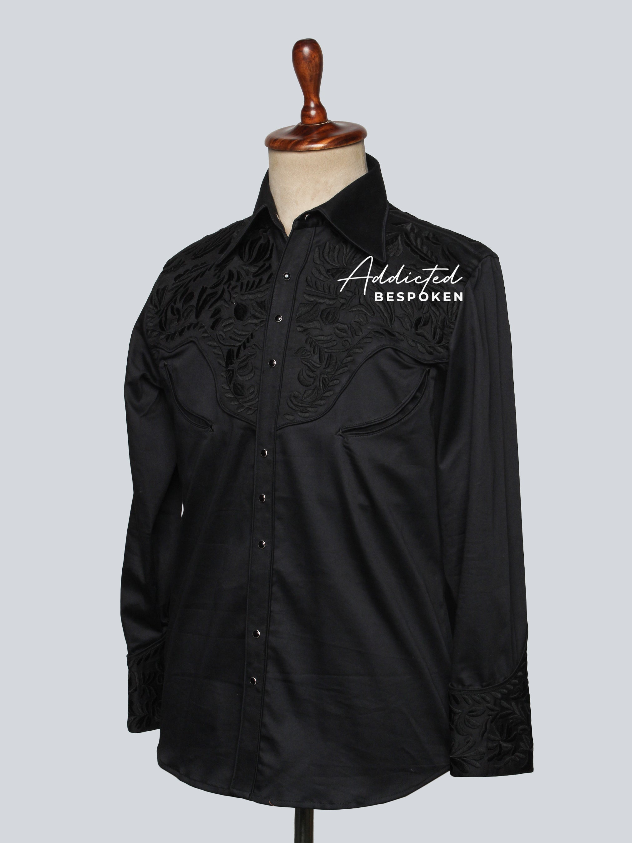 Side angled mannequin view of black embroidered western shirt β Addicted Bespoken