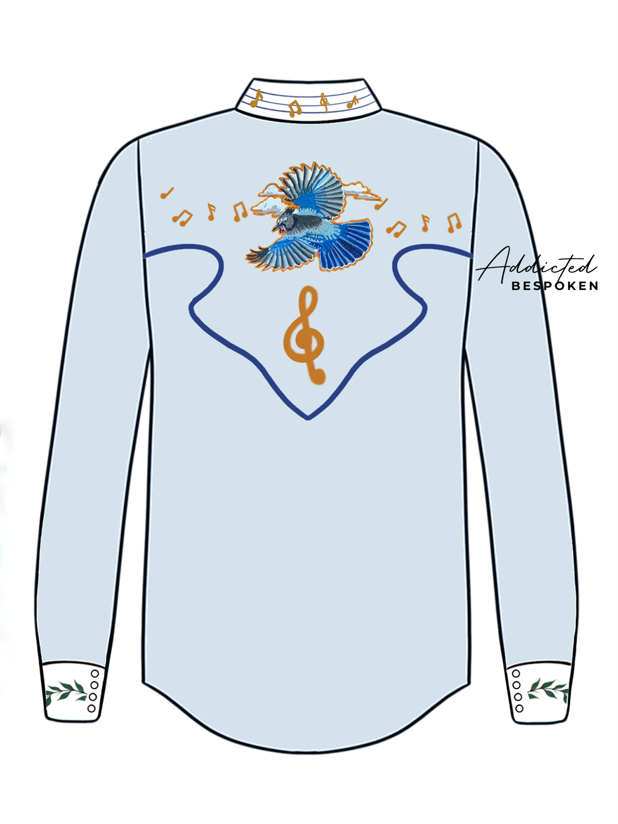 Back view illustration of light blue western shirt with embroidered guitar and floral motif โ Addicted Bespoken